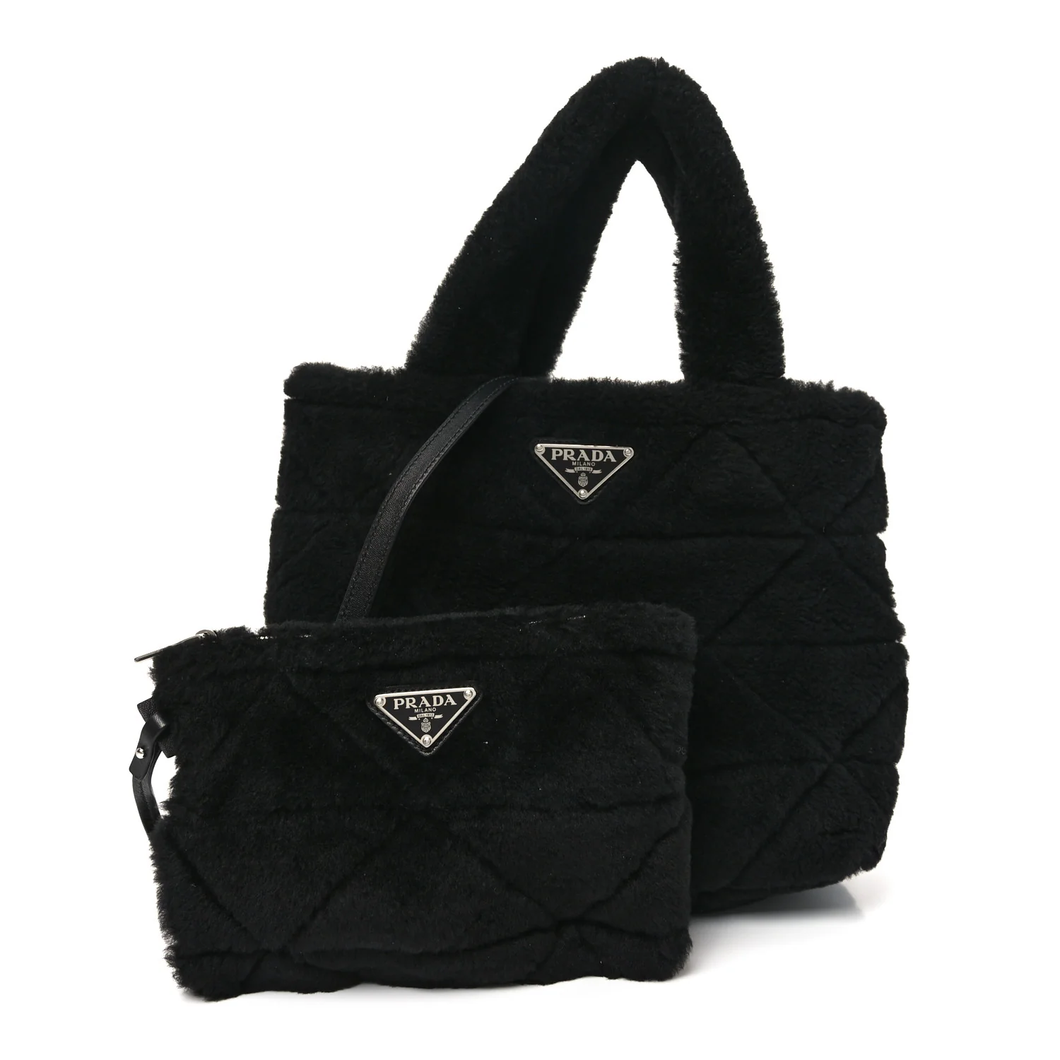 Shearling Nappa Triangle Quilted Patchwork System Tote Black - Image 3