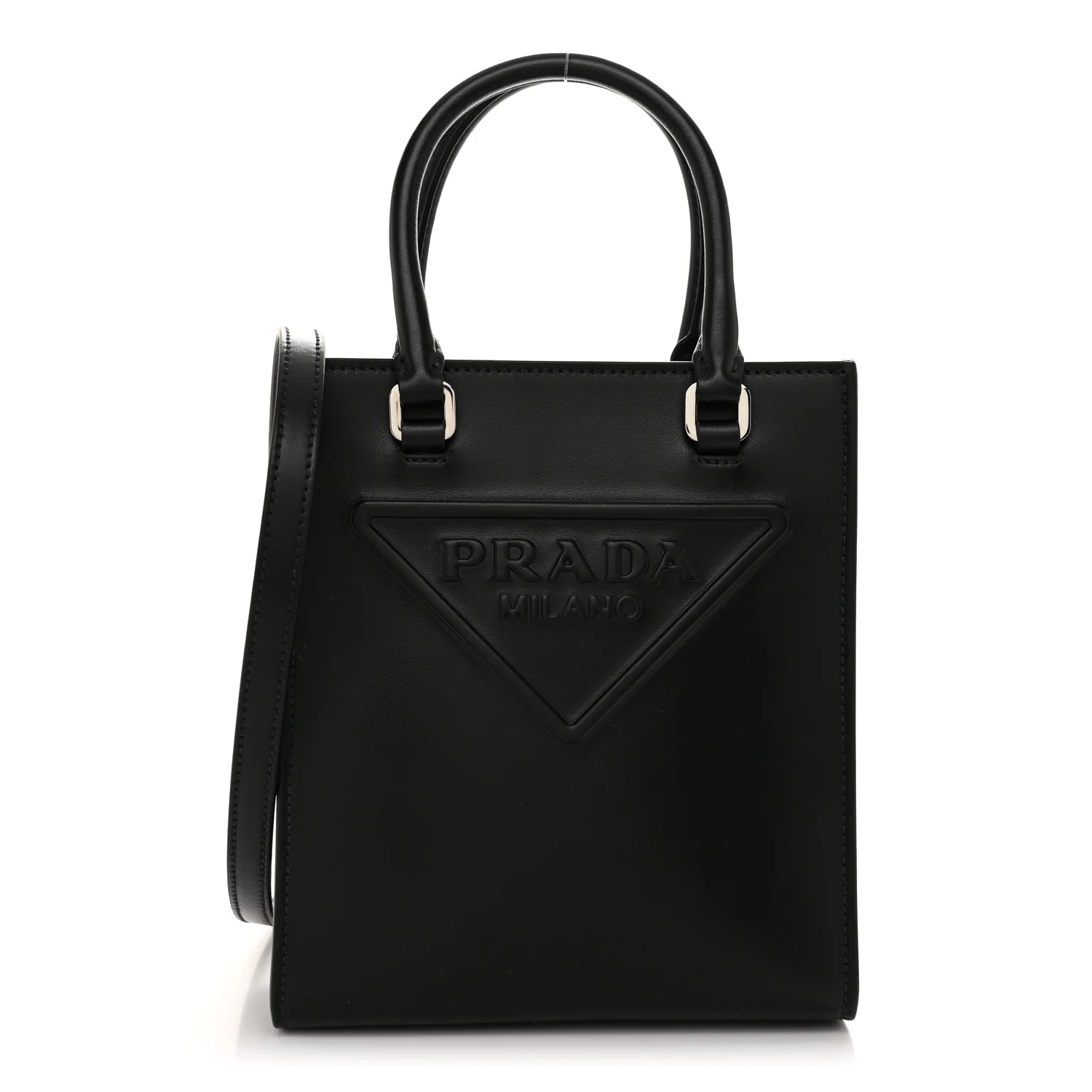 Soft Calfskin Triangle Logo Embossed Small Double Handle Crossbody Tote Black