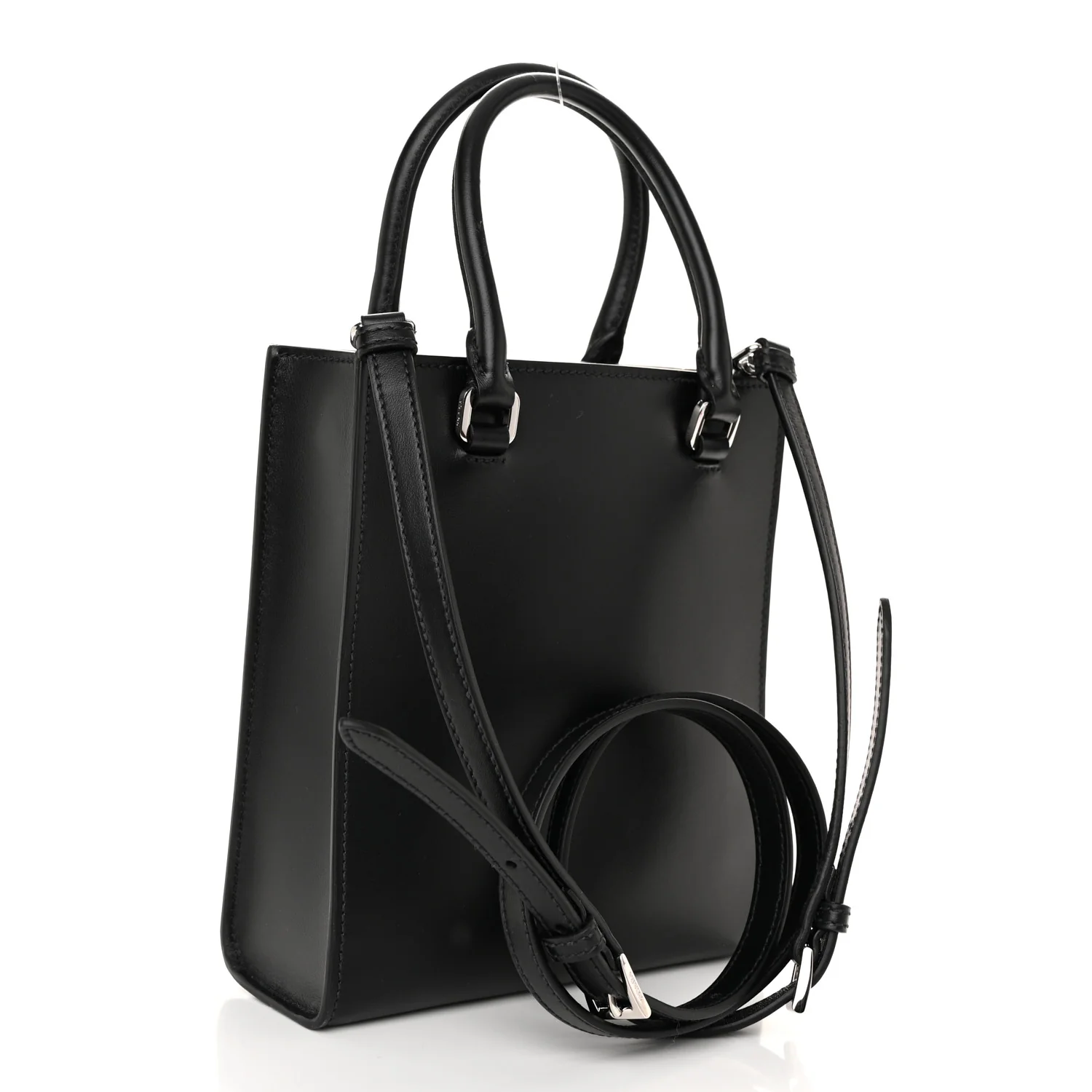 Soft Calfskin Triangle Logo Embossed Small Double Handle Crossbody Tote Black - Image 3