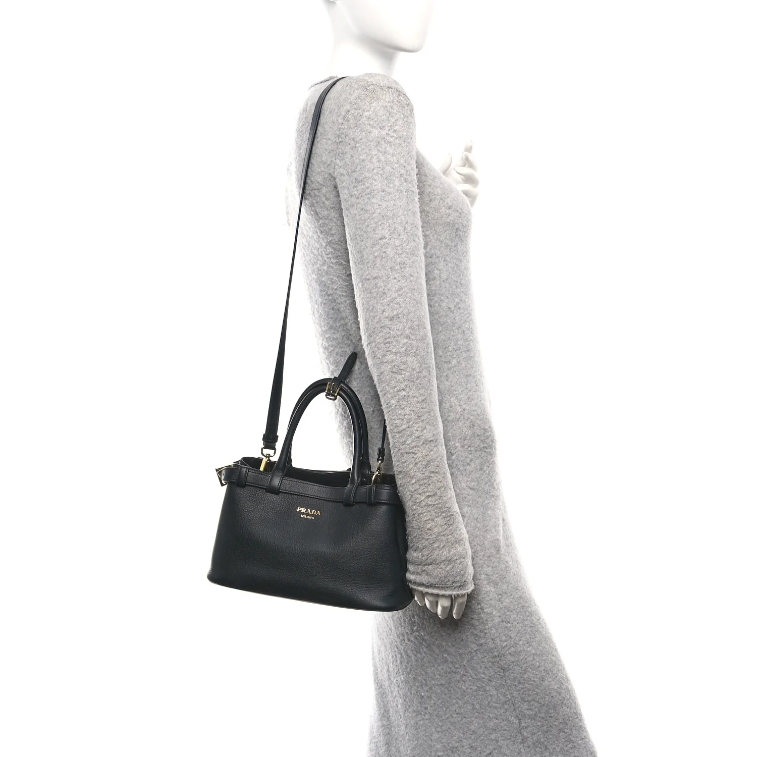 Soft Grain Calfskin Small Double Belt Tote Black - Image 2