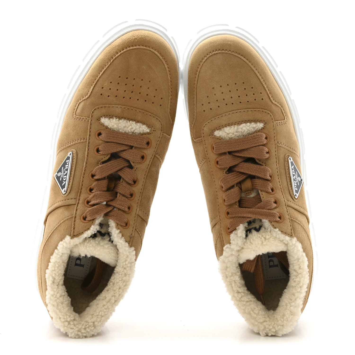 Suede Shearling Triangle Logo Downtown Sneakers 40 Ecru - Image 2