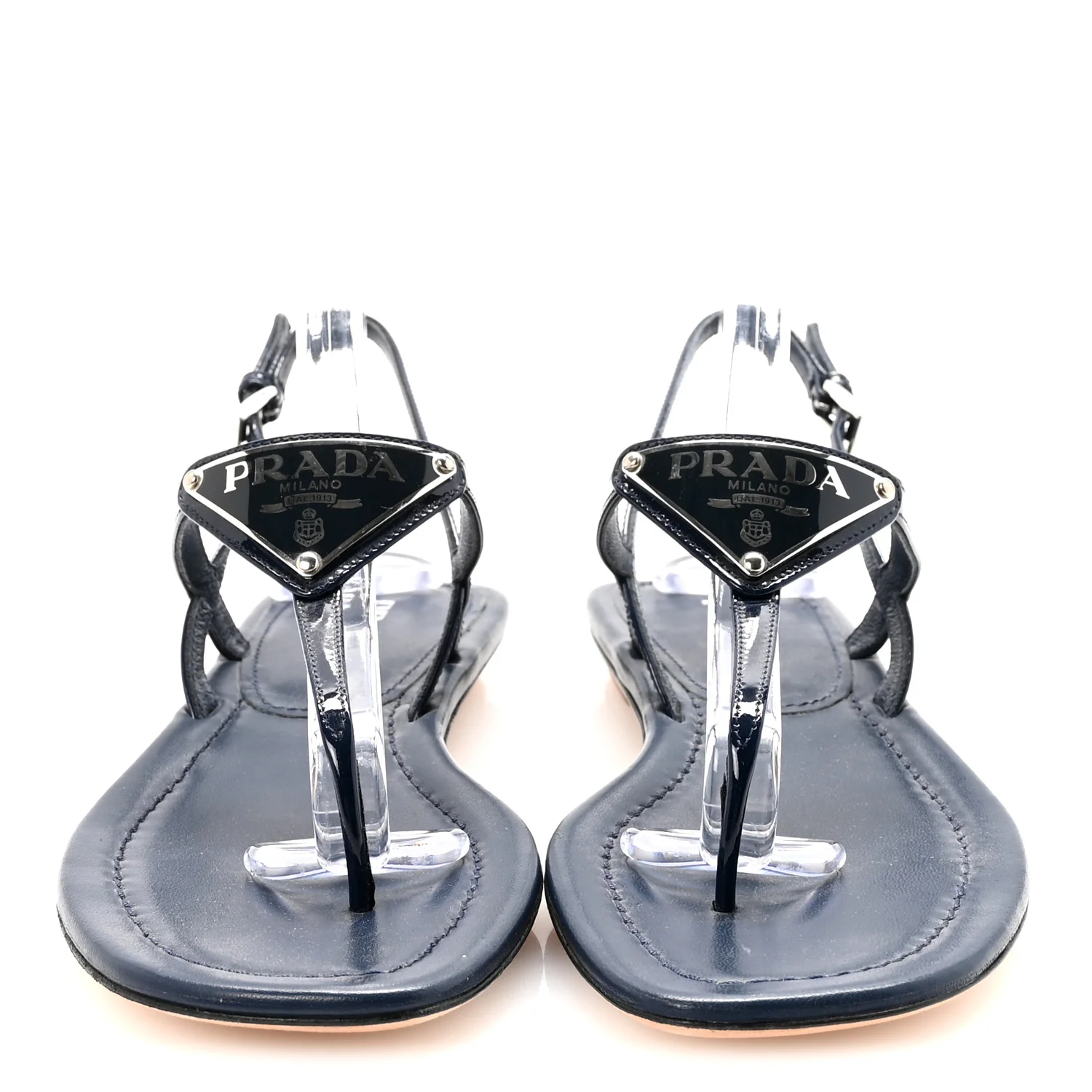 Vernice Metal Triangle Logo Slingback Flat Thong Sandals 38 Navy - Image 3