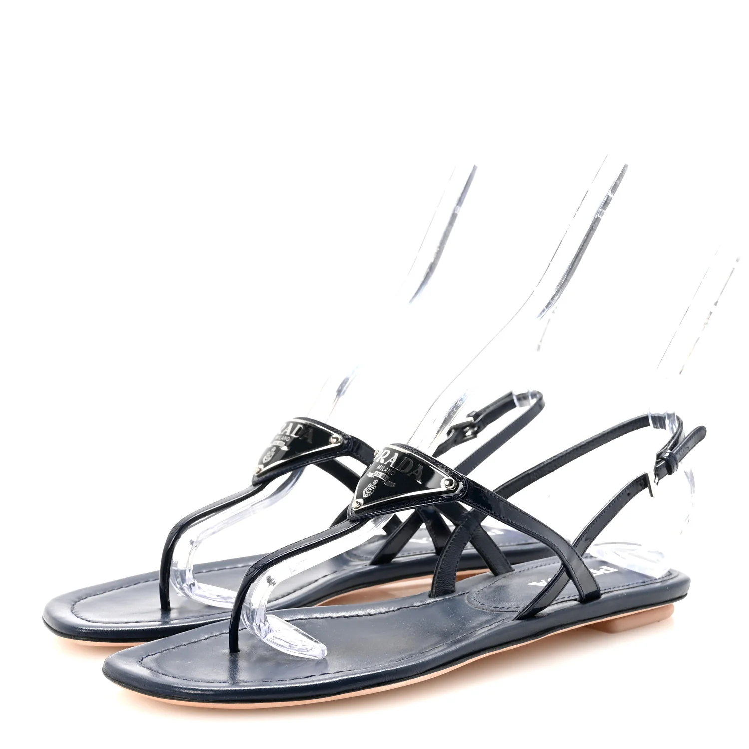 Vernice Metal Triangle Logo Slingback Flat Thong Sandals 38 Navy - Image 4
