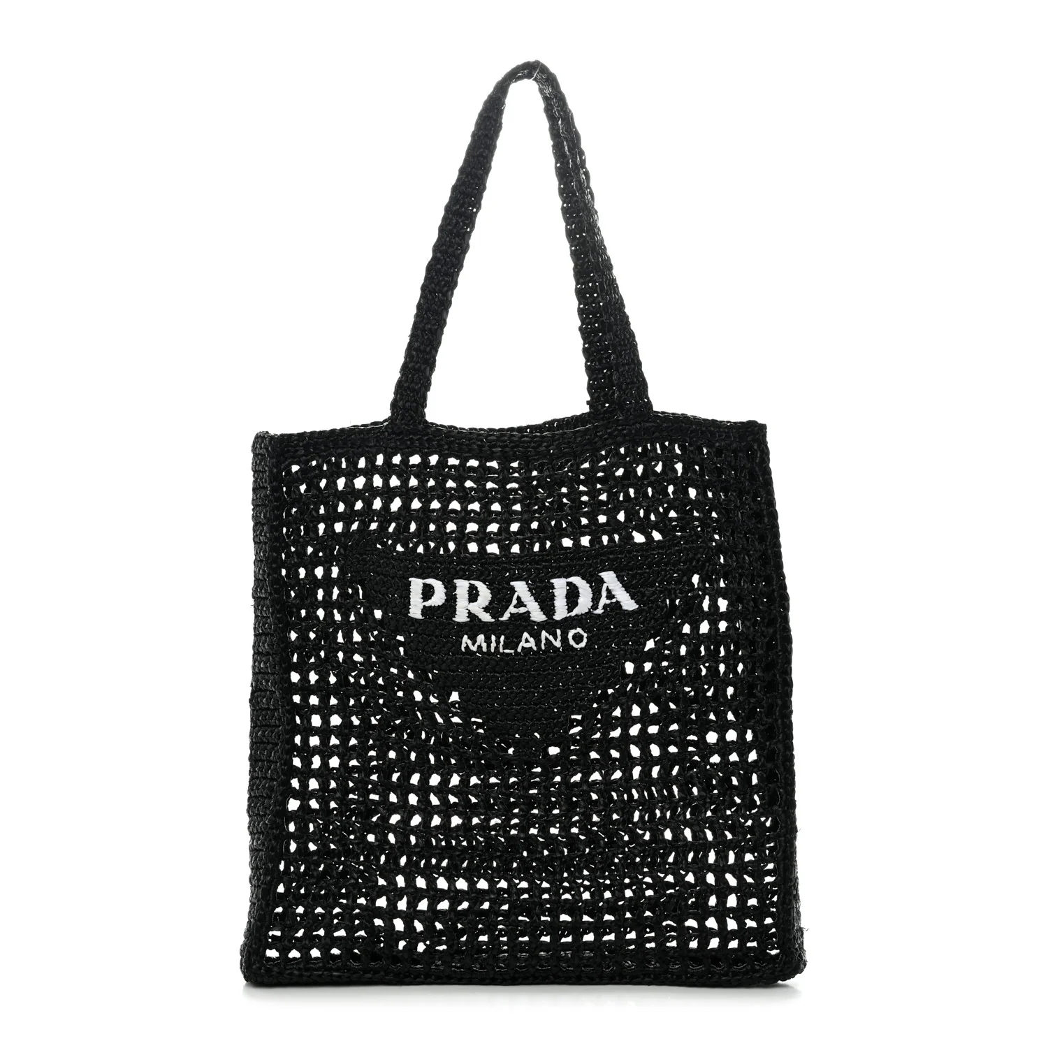 Yarn Raffia Effect Crochet Logo Embroidered Tote Bag Black