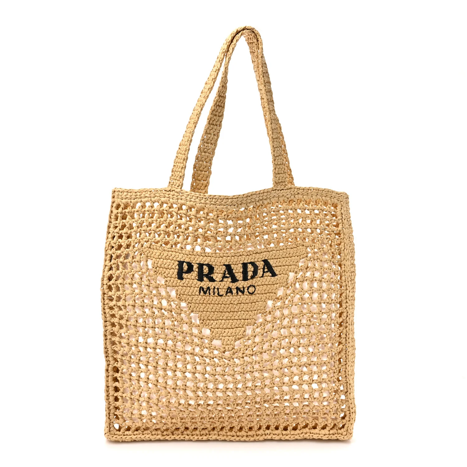 Yarn Raffia Effect Crochet Logo Embroidered Tote Bag Naturale