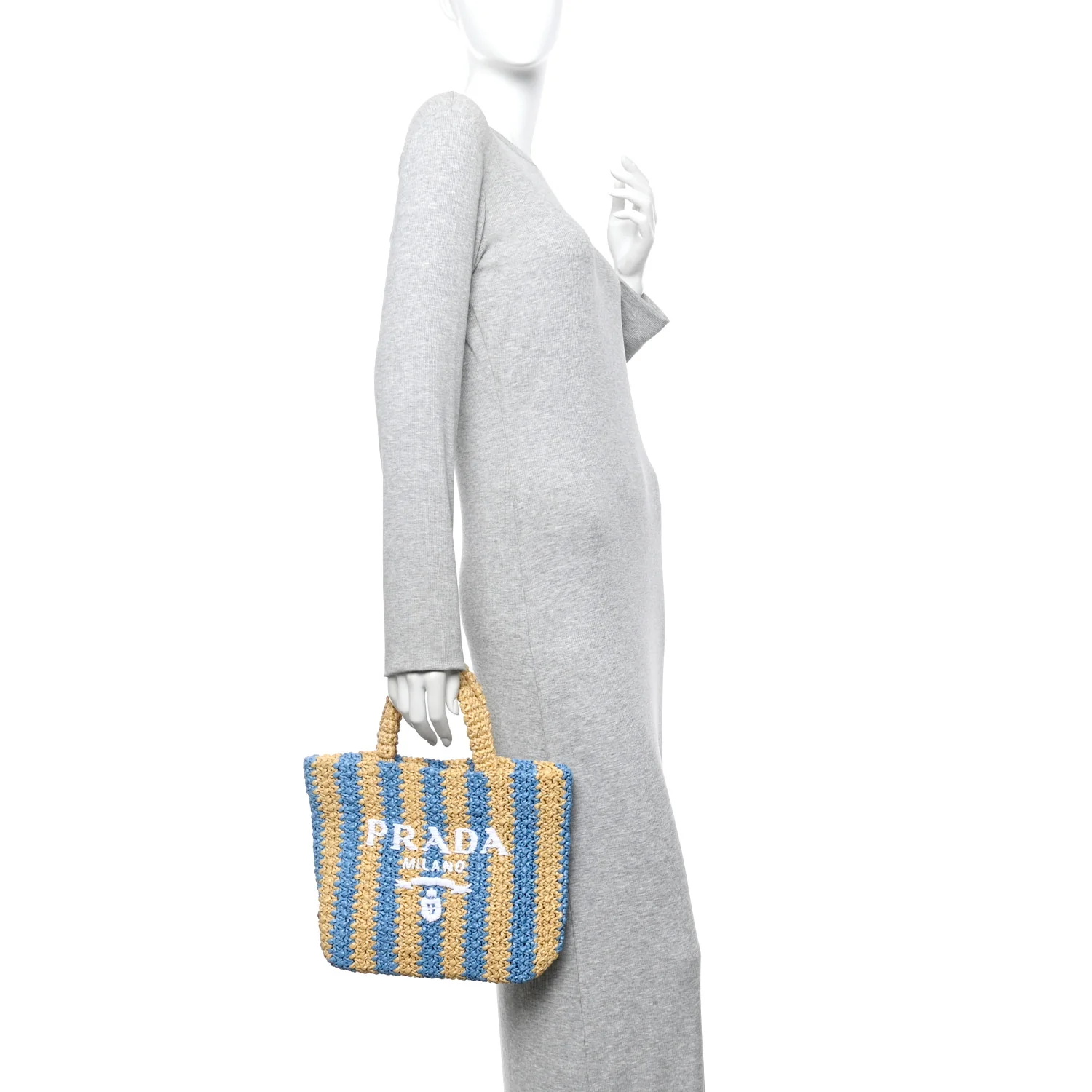 Yarn Raffia Effect Crochet Striped Small Logo Tote Naturale Celeste - Image 2