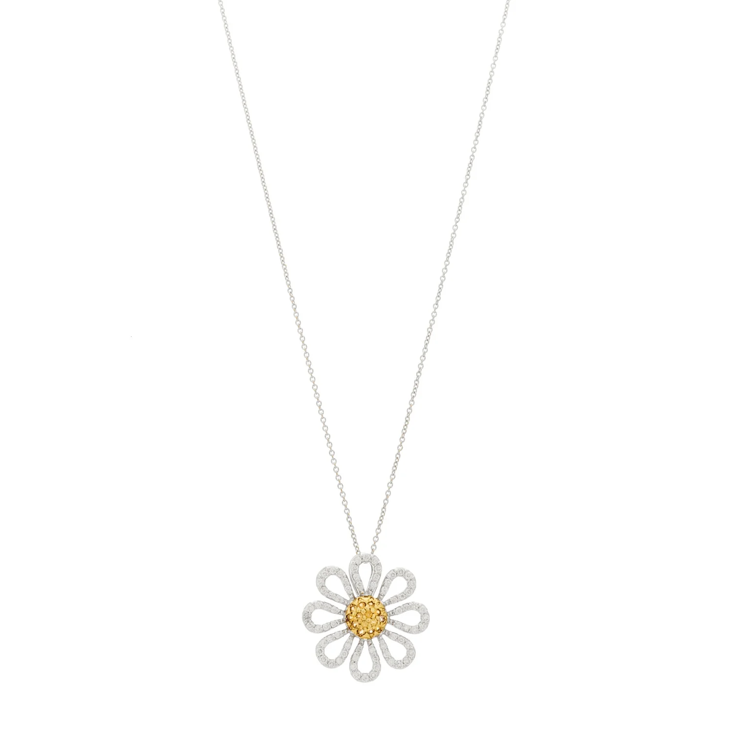 18K White Gold Diamond Yellow Sapphire Daisy Pendant Necklace