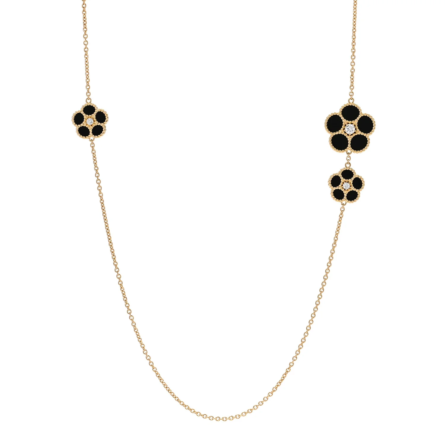 18K Yellow Gold Diamond Black Onyx Daisy Station Necklace