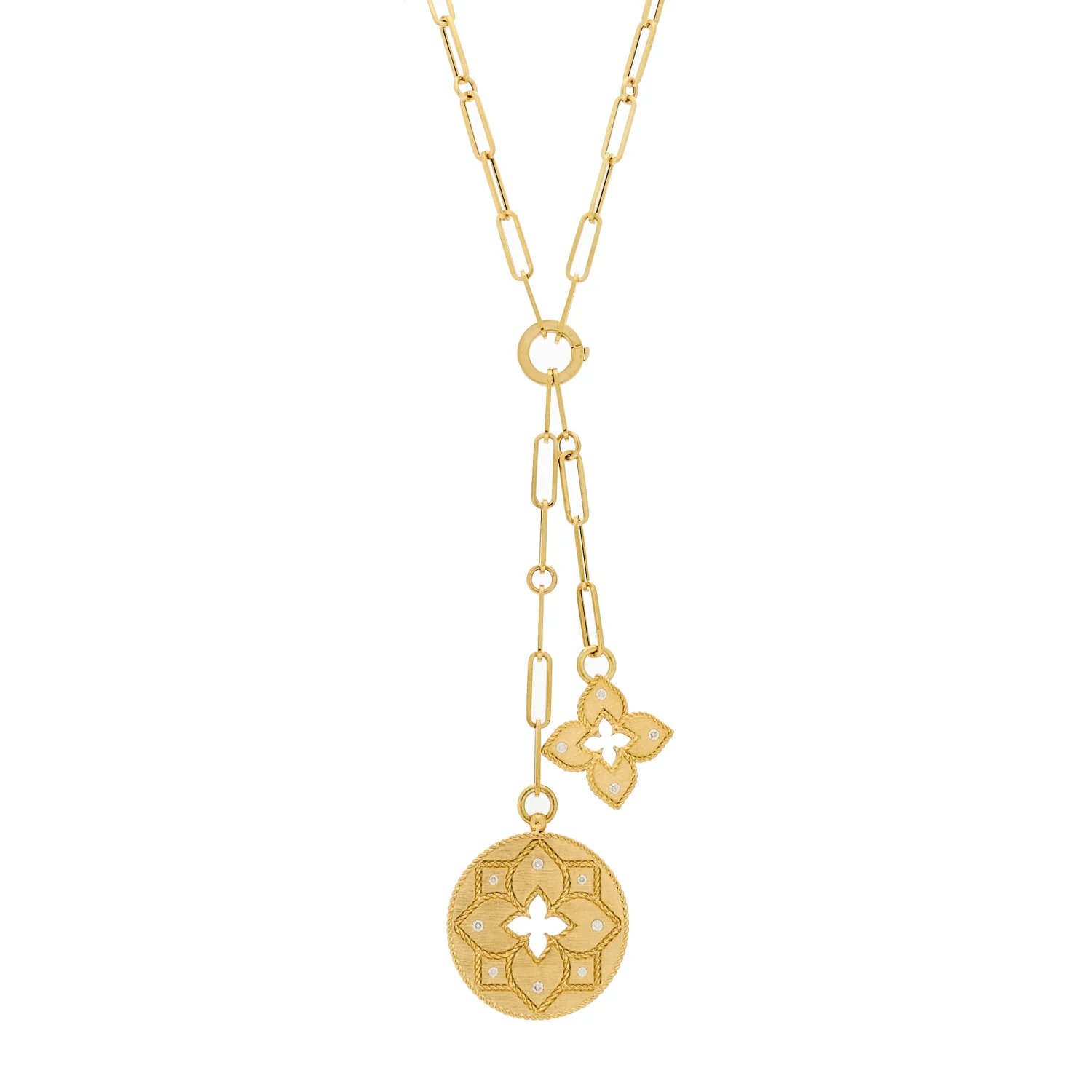 18K Yellow Gold Diamond Venetian Princess Double Medallion Y Necklace