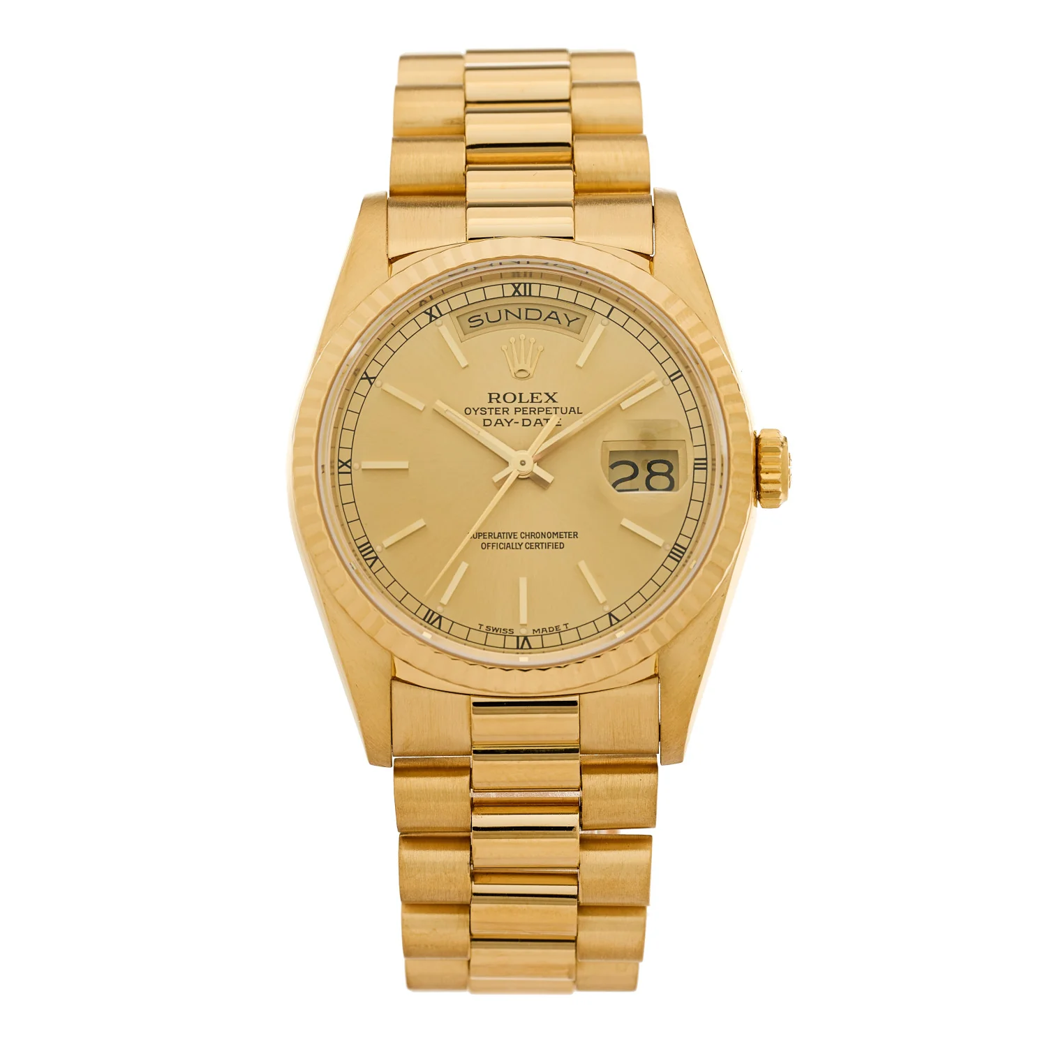 18K Yellow Gold 36mm Oyster Perpetual Day-Date President Watch Champagne 18238