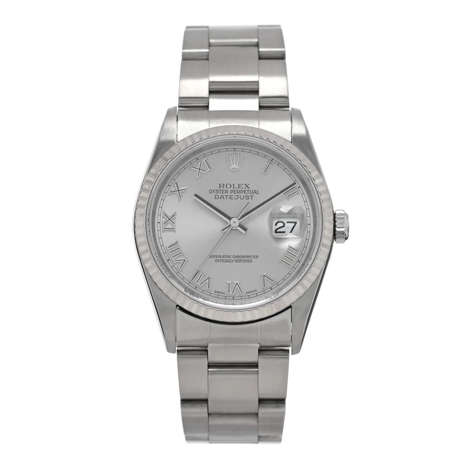 Stainless Steel 18K White Gold 36mm Oyster Perpetual Datejust Watch Silver Roman 16234