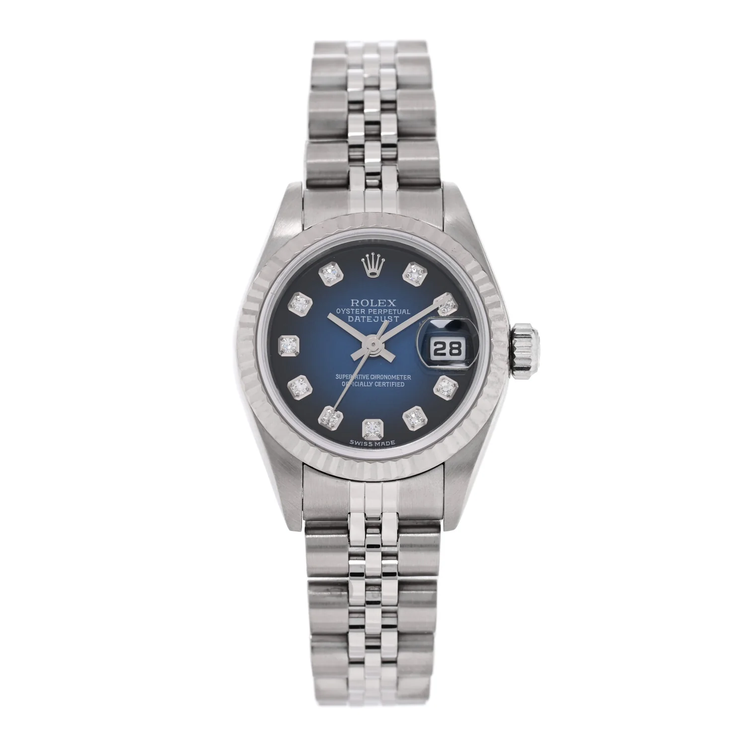 Stainless Steel 18K White Gold Diamond 26mm Oyster Perpetual Datejust Watch Blue Gradient 79174