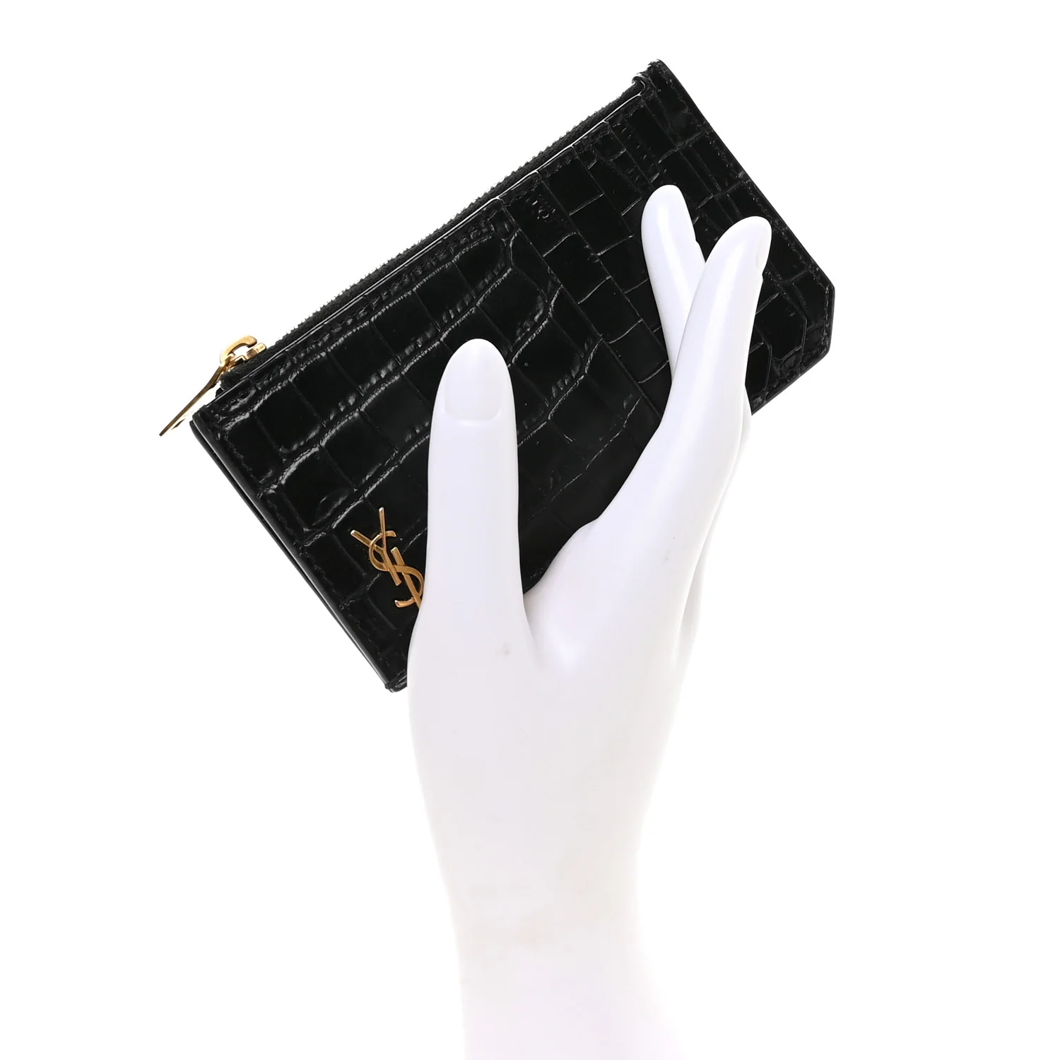 Calfskin Crocodile Embossed 5 Fragments Zip Pouch Card Holder Black - Image 2