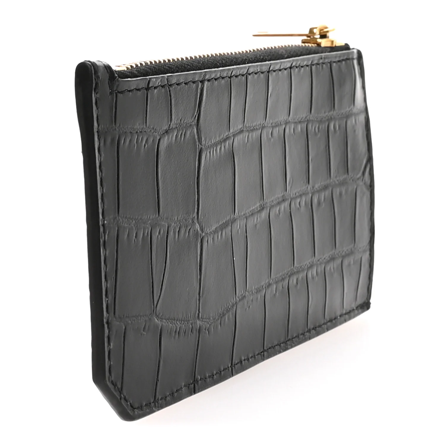 Calfskin Crocodile Embossed 5 Fragments Zip Pouch Card Holder Black - Image 3