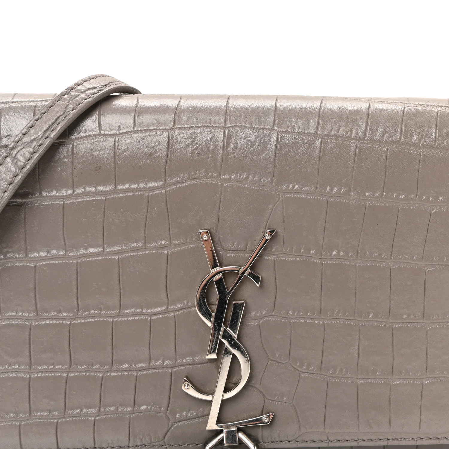 Calfskin Crocodile Embossed Kate Monogram Tassel Chain Wallet Fog - Image 7