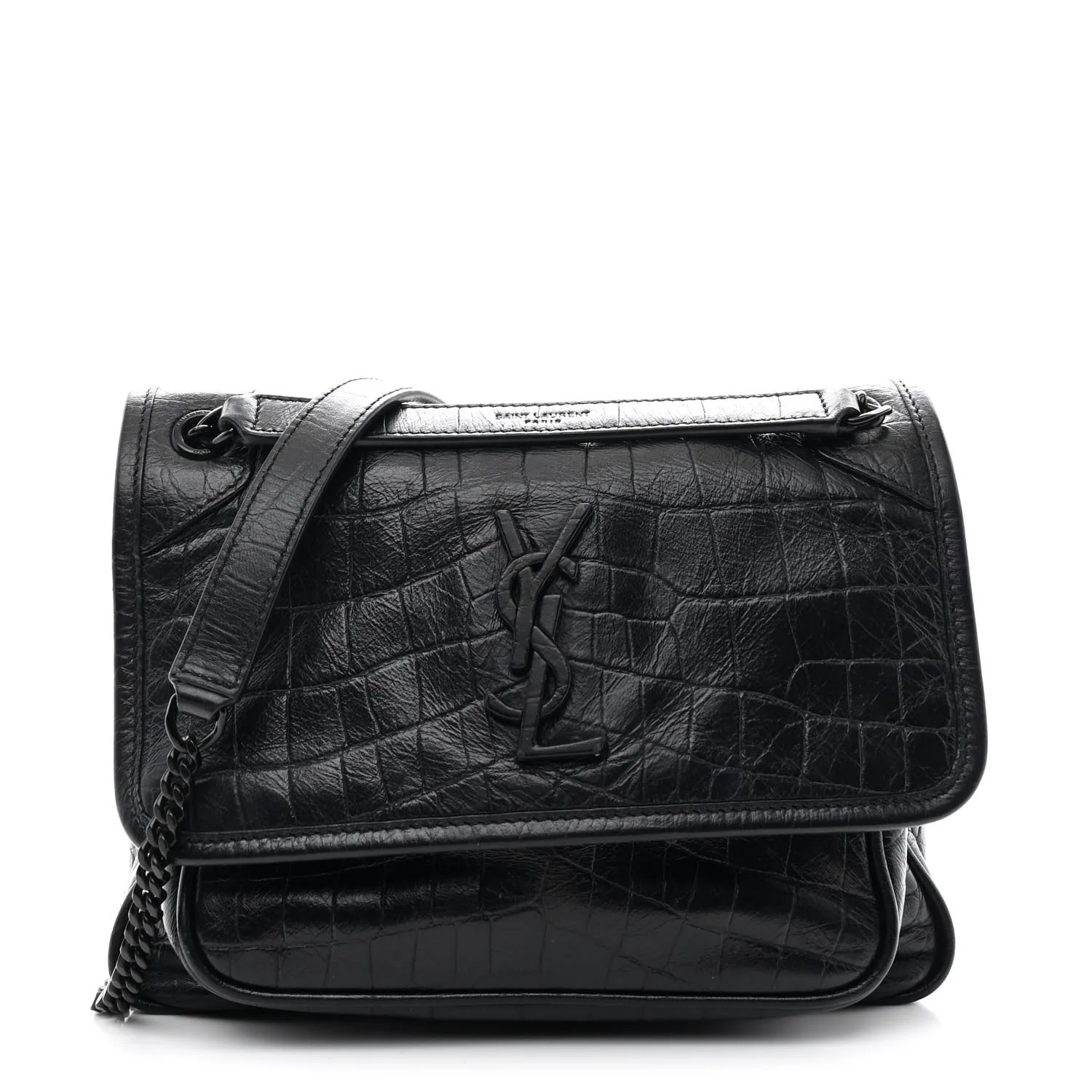Calfskin Crocodile Embossed Matelasse Monogram Baby Niki Chain Satchel Black