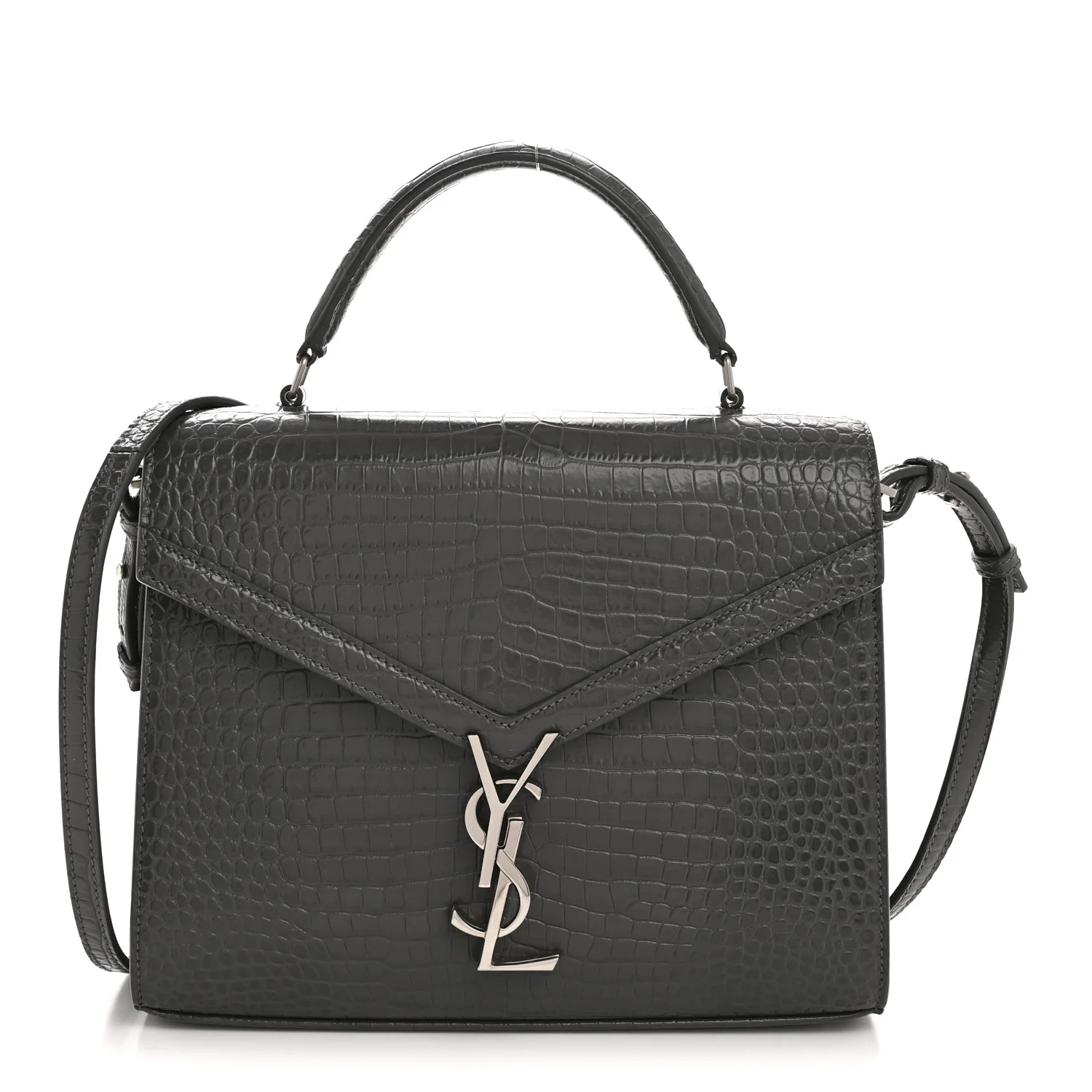 Calfskin Crocodile Embossed Medium Classic Monogram Cassandra Top Handle Fog