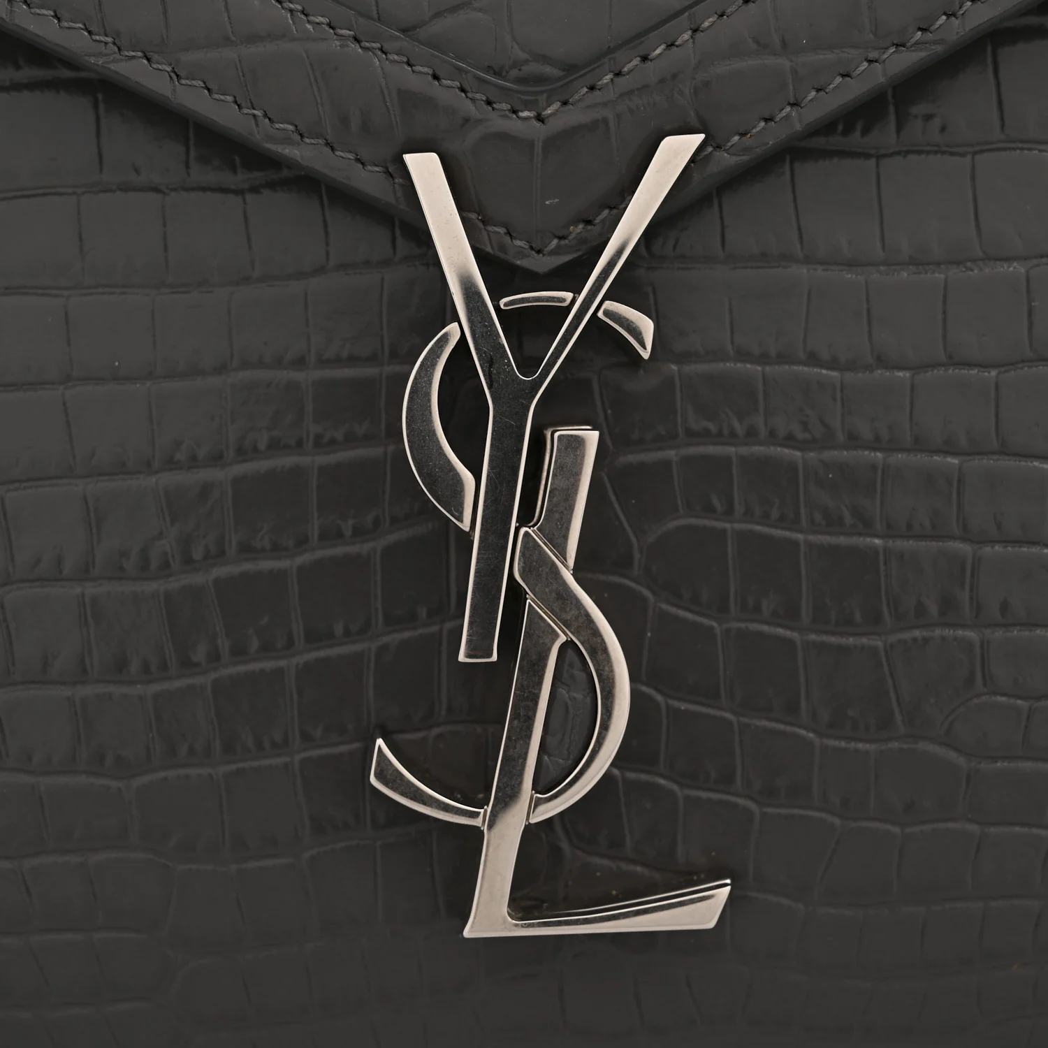 Calfskin Crocodile Embossed Medium Classic Monogram Cassandra Top Handle Fog - Image 14