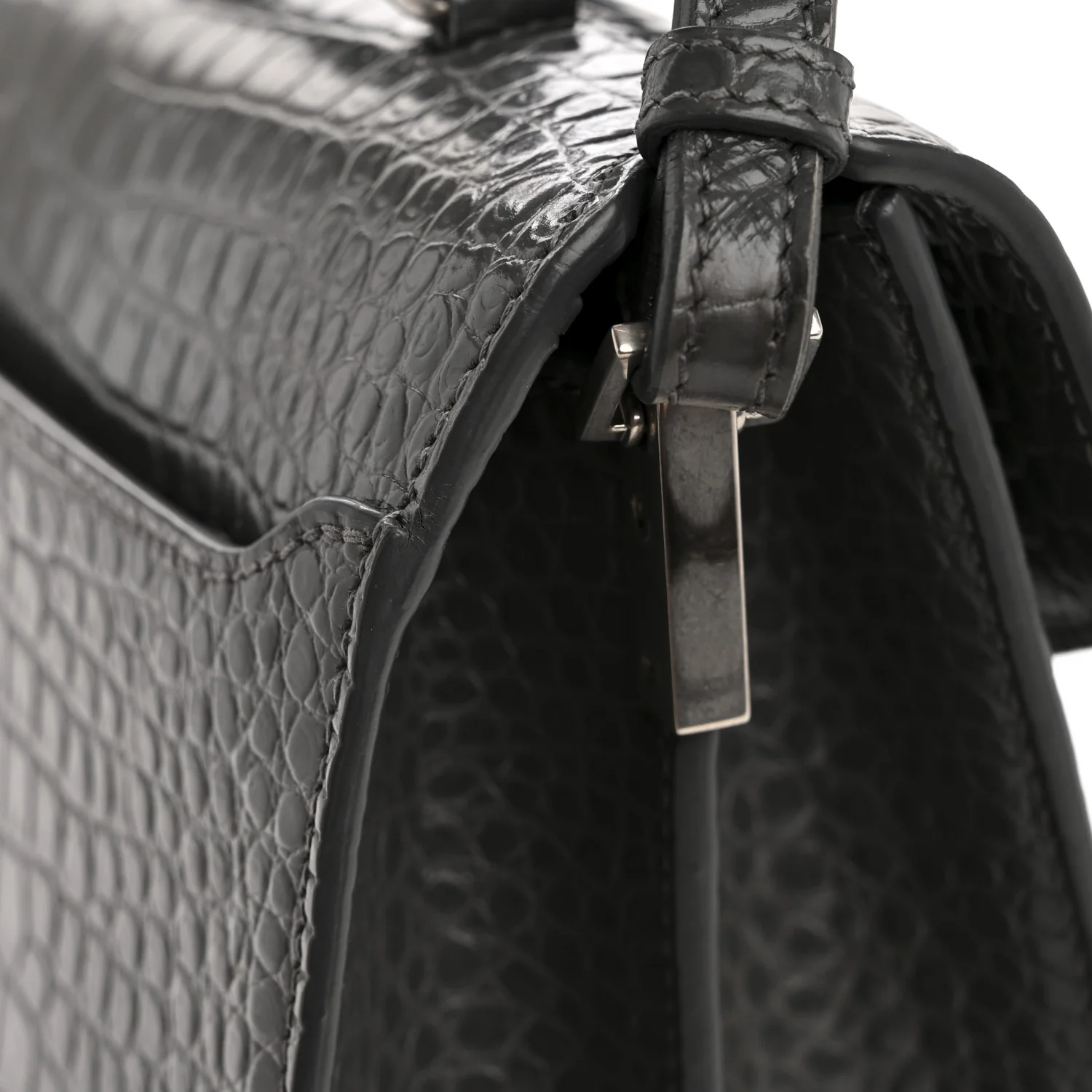 Calfskin Crocodile Embossed Medium Classic Monogram Cassandra Top Handle Fog - Image 15