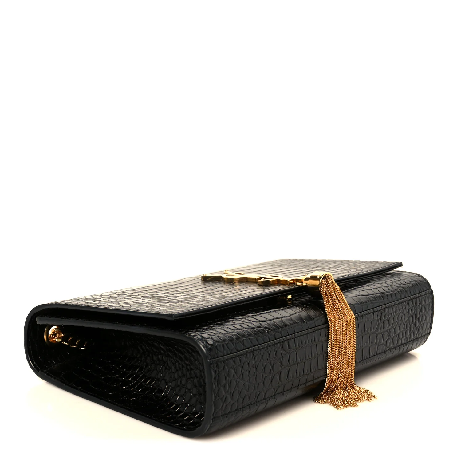 Calfskin Crocodile Embossed Medium Classic Monogram Kate Tassel Satchel Black - Image 4