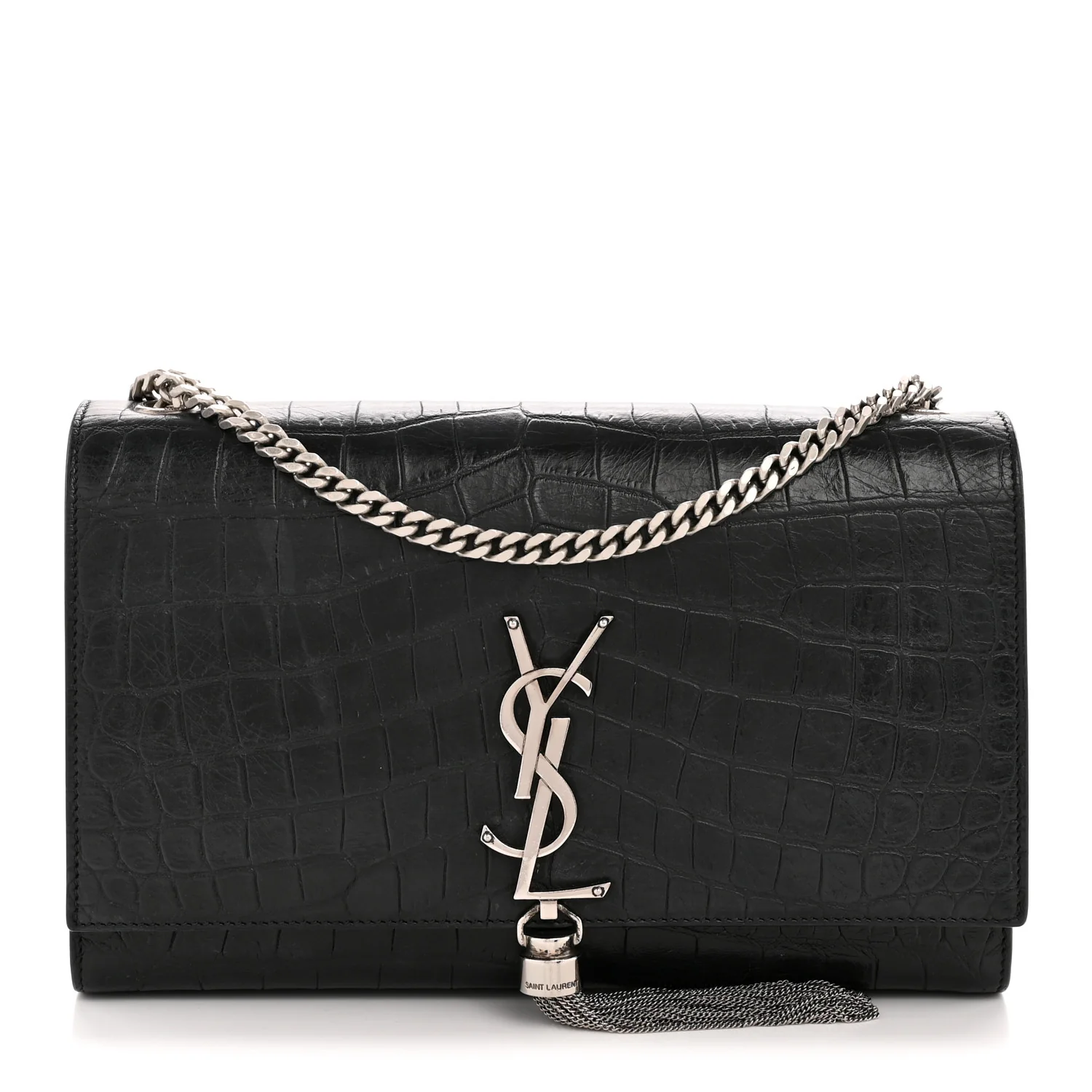 Calfskin Crocodile Embossed Medium Classic Monogram Kate Tassel Satchel Black
