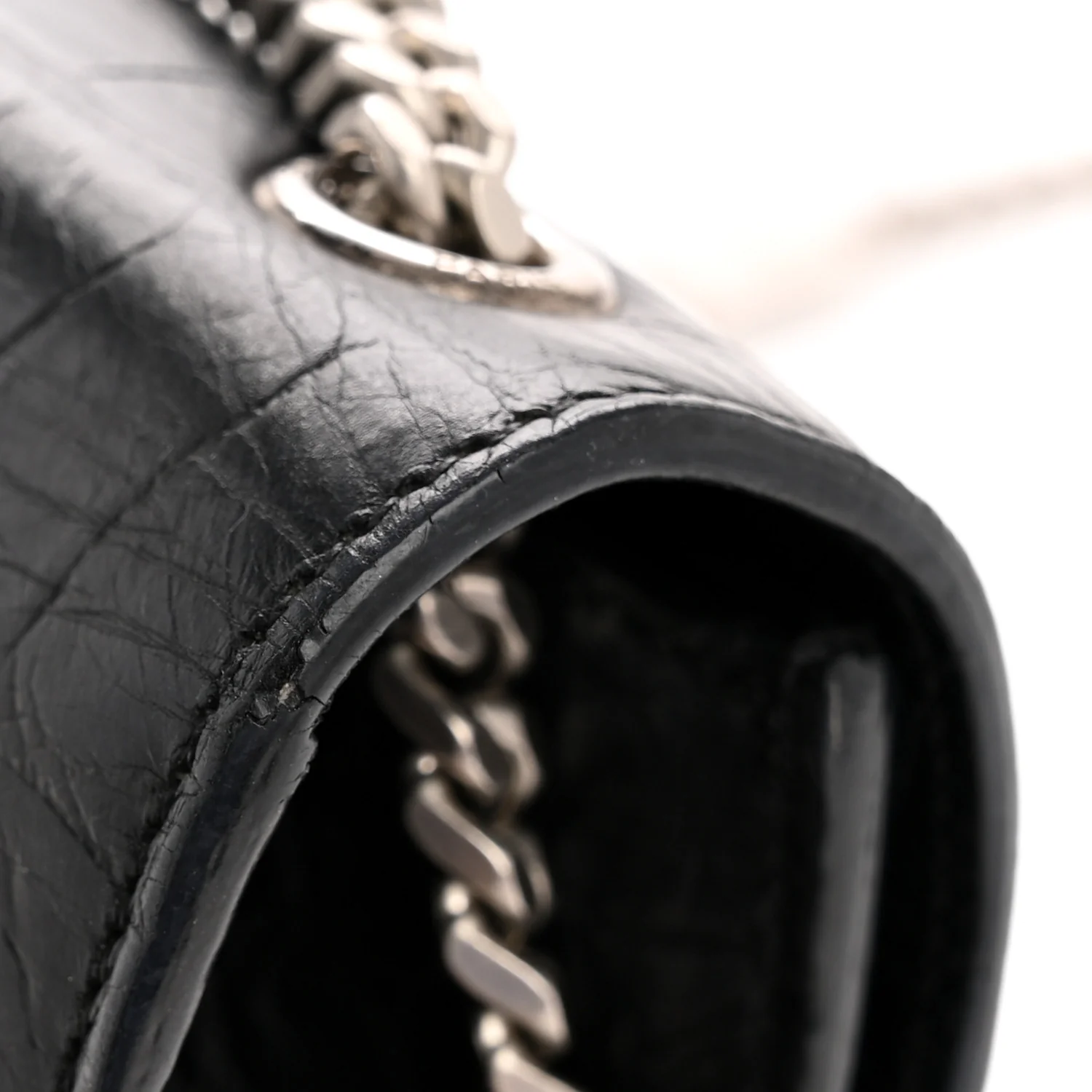 Calfskin Crocodile Embossed Medium Classic Monogram Kate Tassel Satchel Black - Image 14