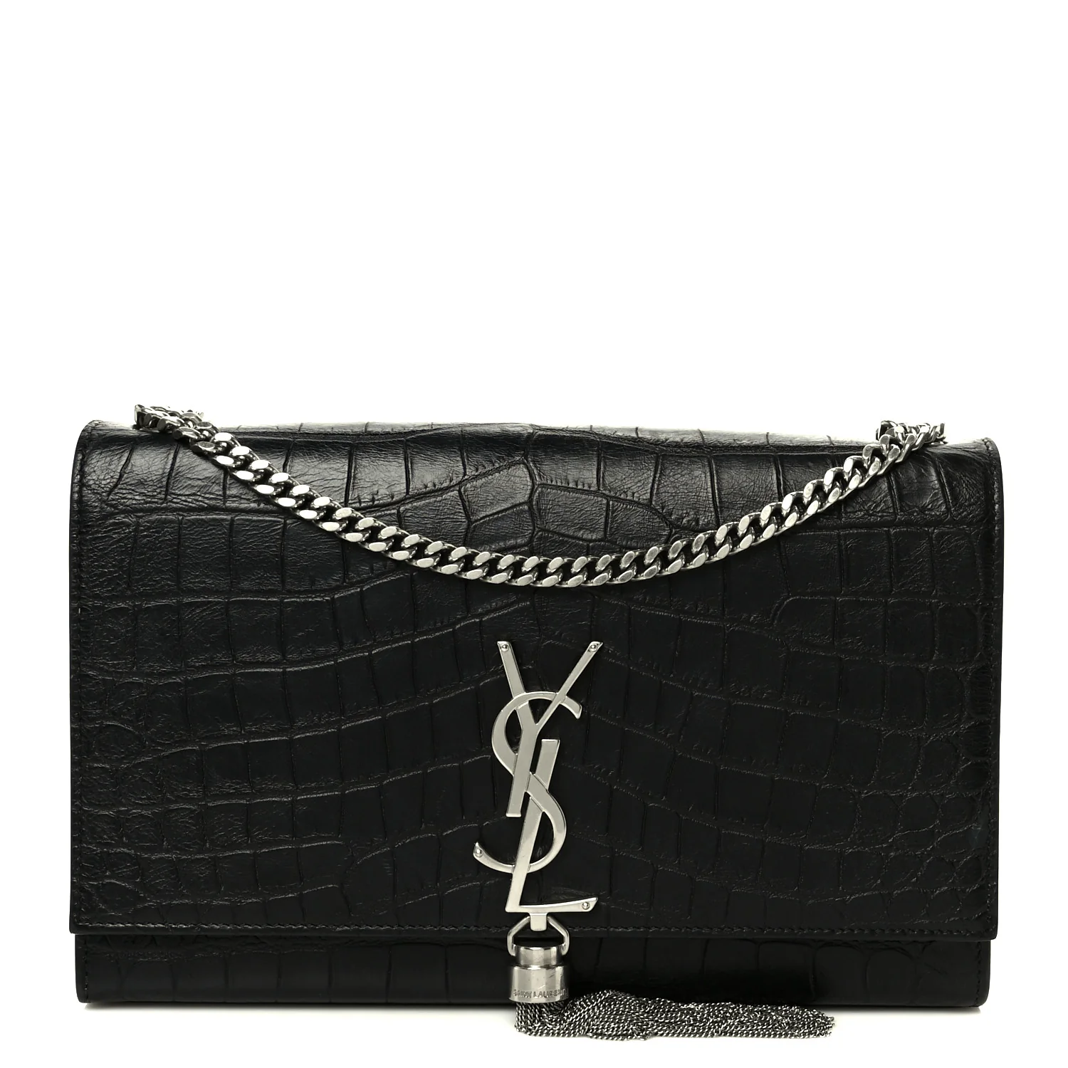 Calfskin Crocodile Embossed Medium Classic Monogram Kate Tassel Satchel Black