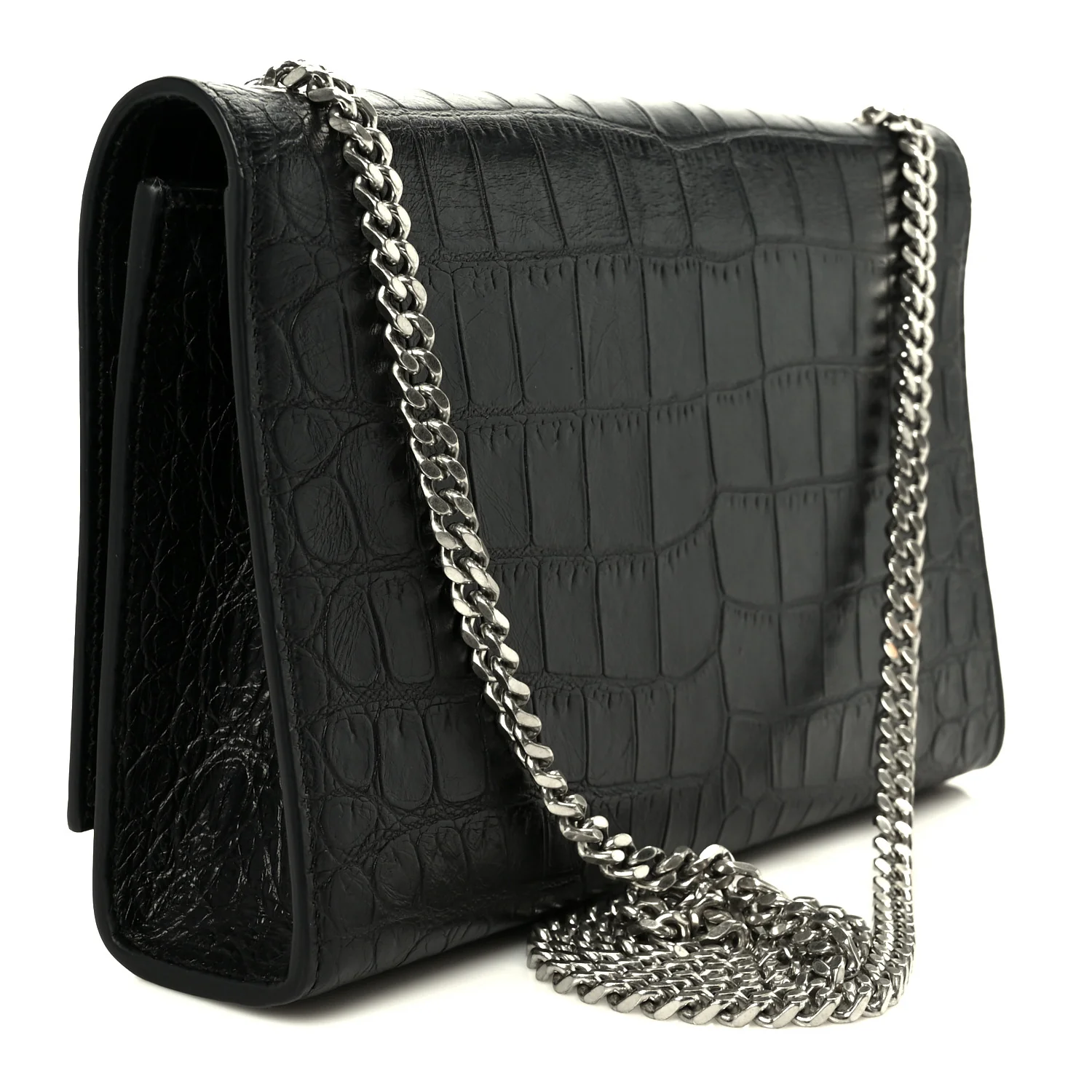 Calfskin Crocodile Embossed Medium Classic Monogram Kate Tassel Satchel Black - Image 3