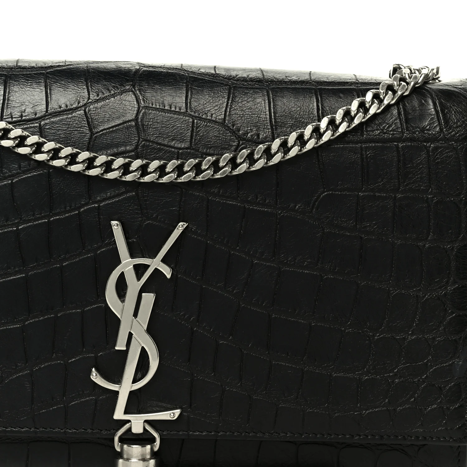 Calfskin Crocodile Embossed Medium Classic Monogram Kate Tassel Satchel Black - Image 9