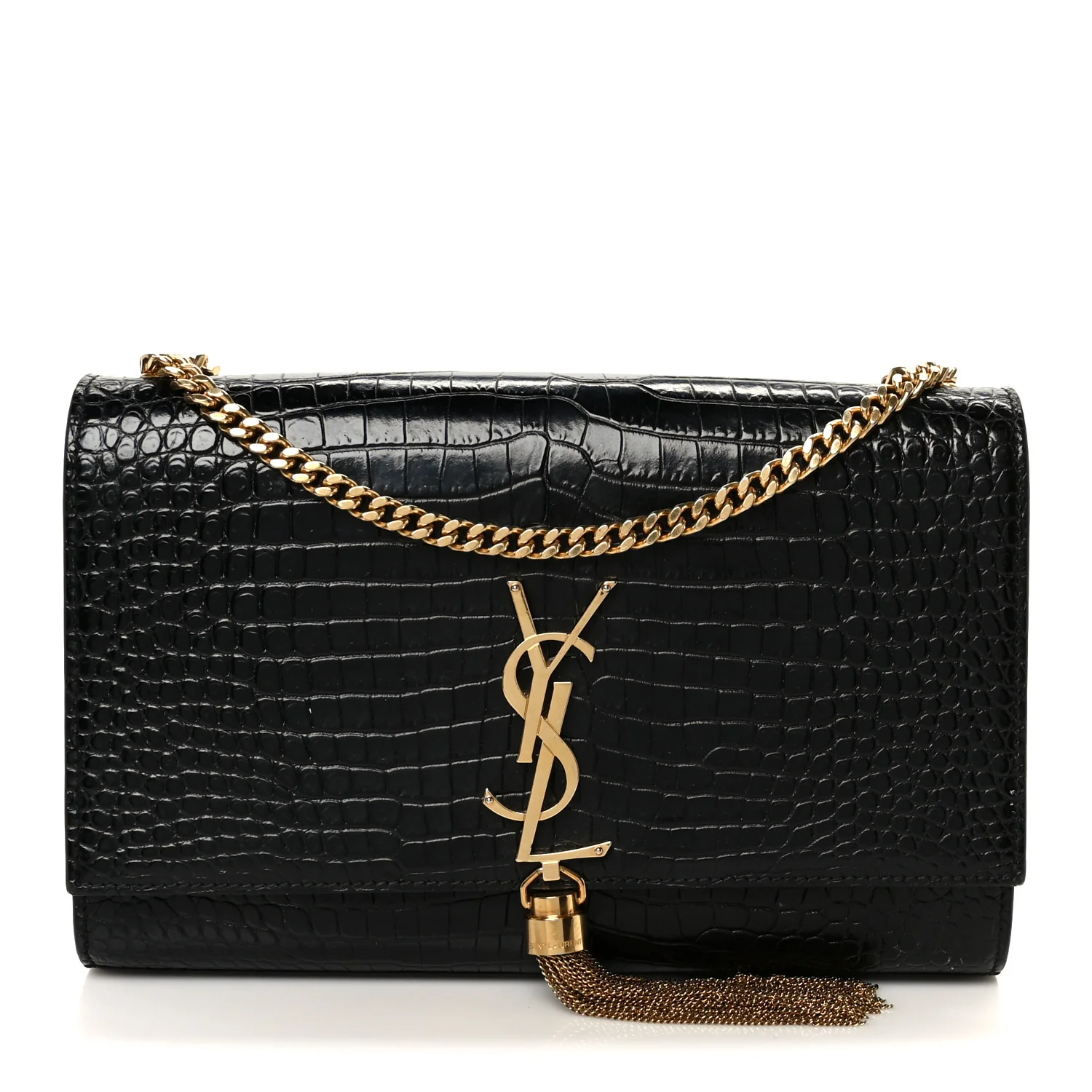 Calfskin Crocodile Embossed Medium Classic Monogram Kate Tassel Satchel Black