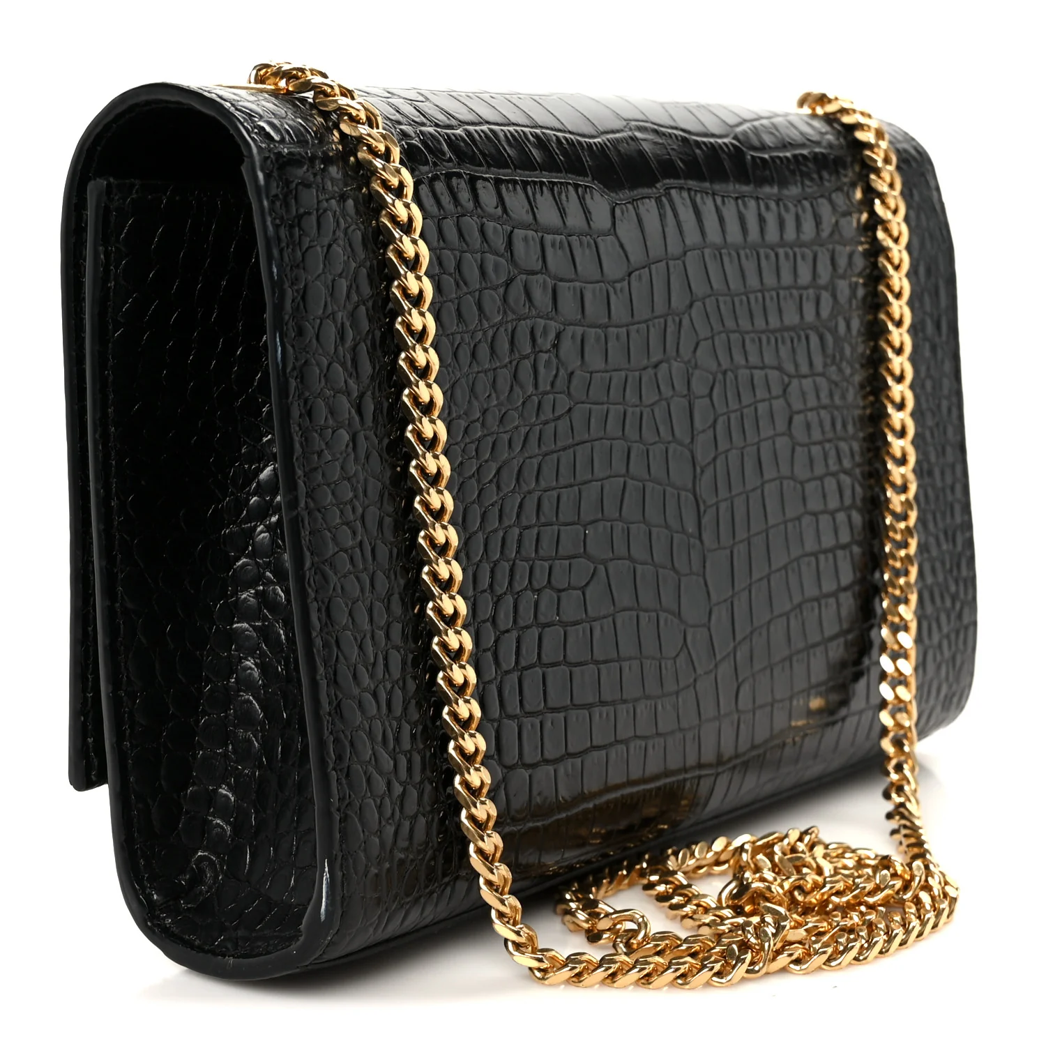 Calfskin Crocodile Embossed Medium Classic Monogram Kate Tassel Satchel Black - Image 3