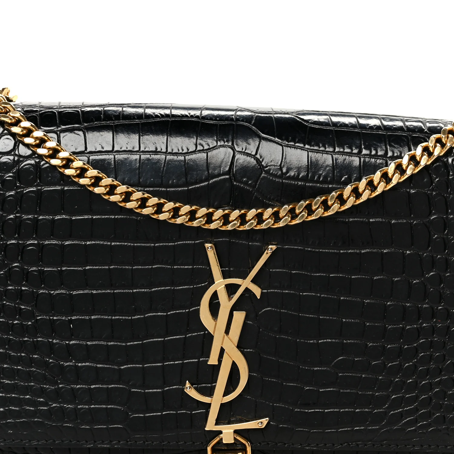 Calfskin Crocodile Embossed Medium Classic Monogram Kate Tassel Satchel Black - Image 9