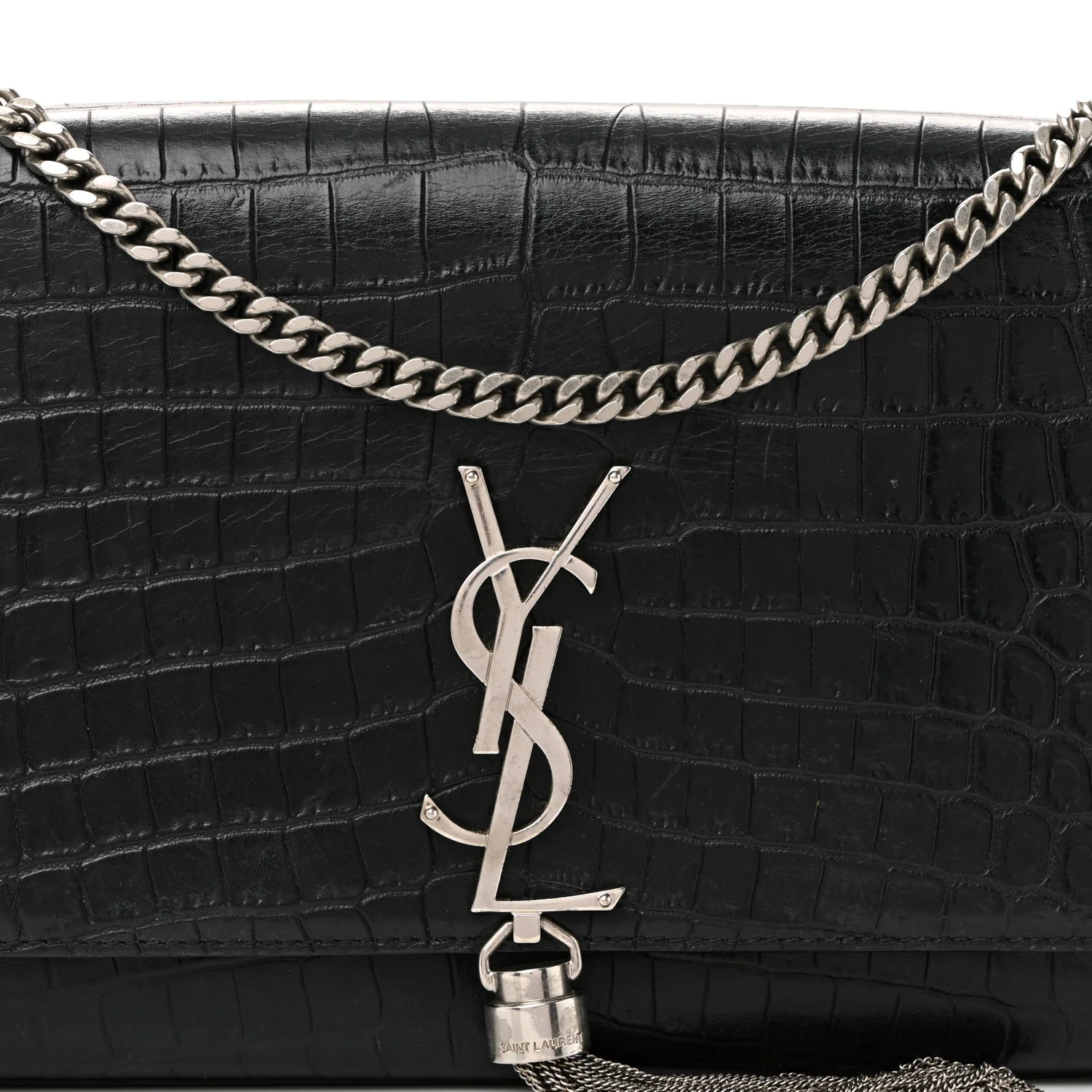 Calfskin Crocodile Embossed Medium Classic Monogram Kate Tassel Satchel Black - Image 7