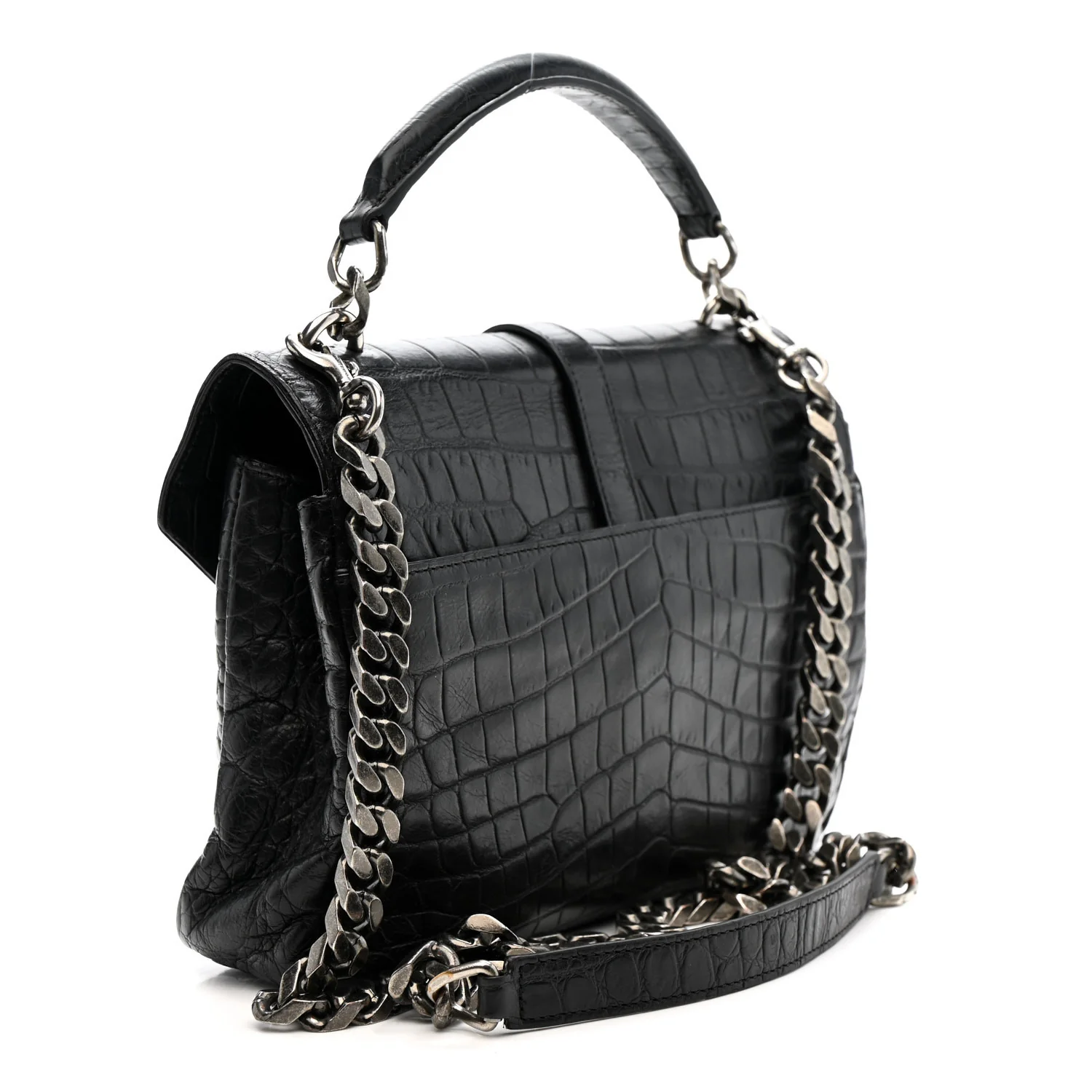 Calfskin Crocodile Embossed Medium College Monogram Satchel Black - Image 3