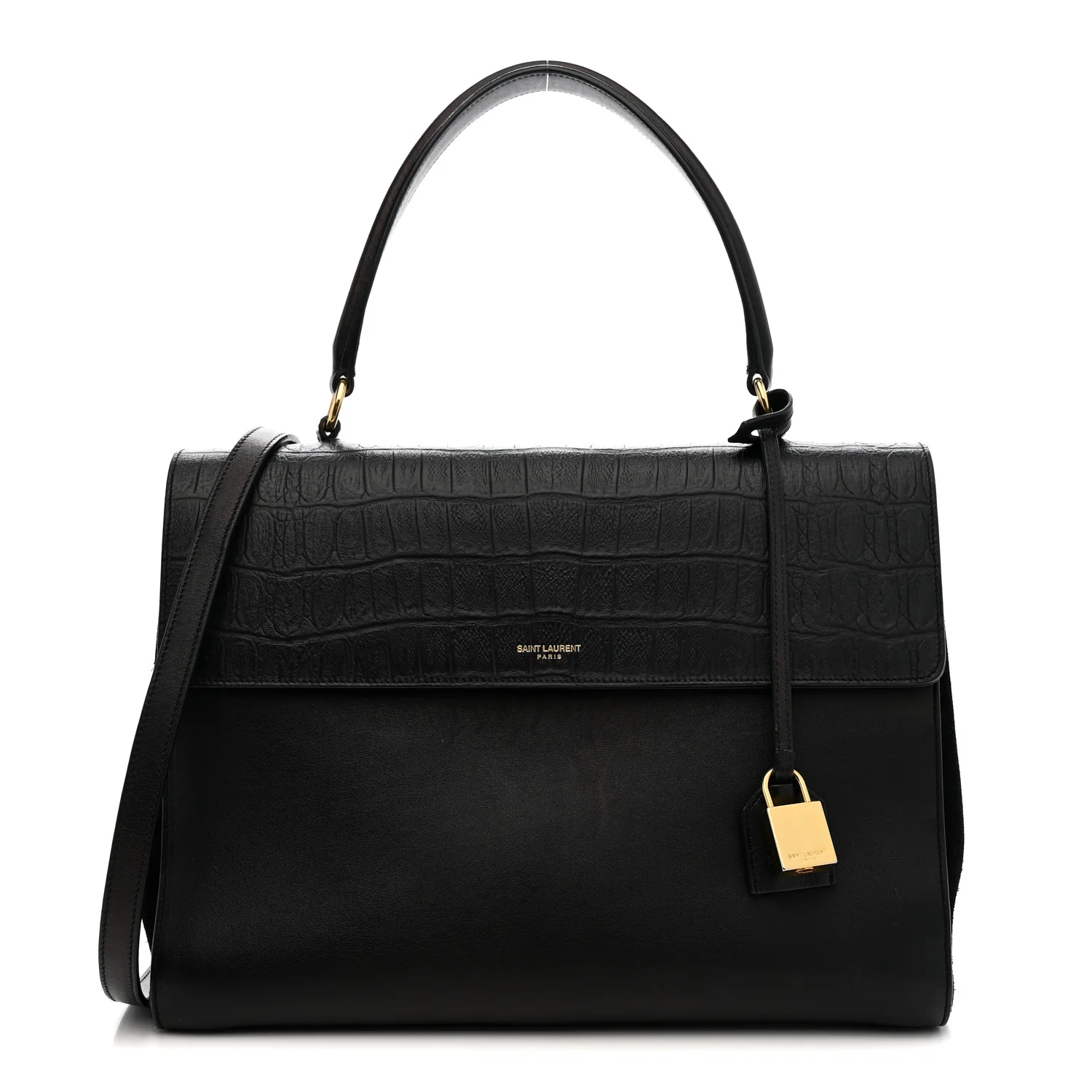 Calfskin Crocodile Embossed Medium Moujik Top Handle Bag Black