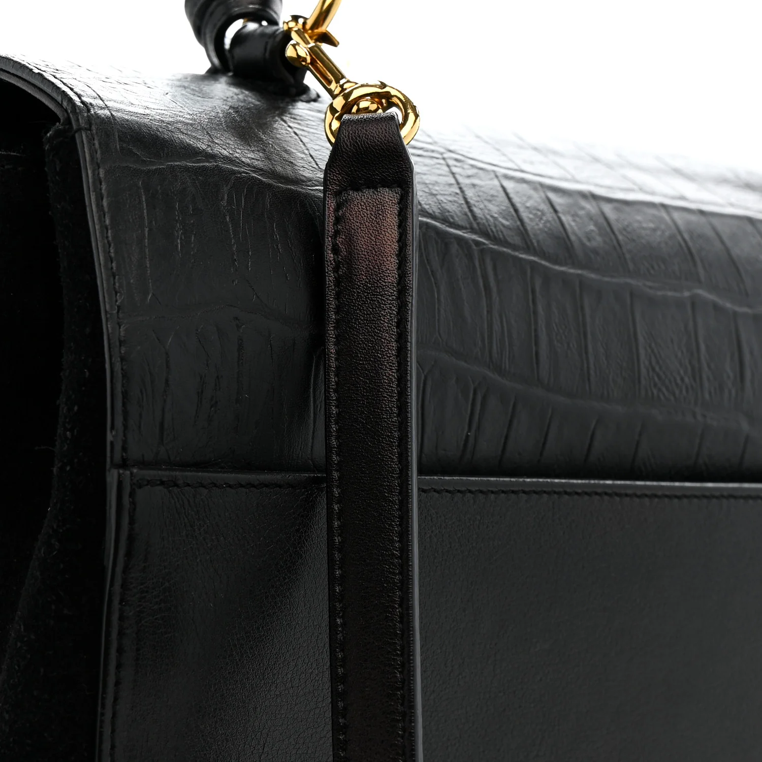 Calfskin Crocodile Embossed Medium Moujik Top Handle Bag Black - Image 14