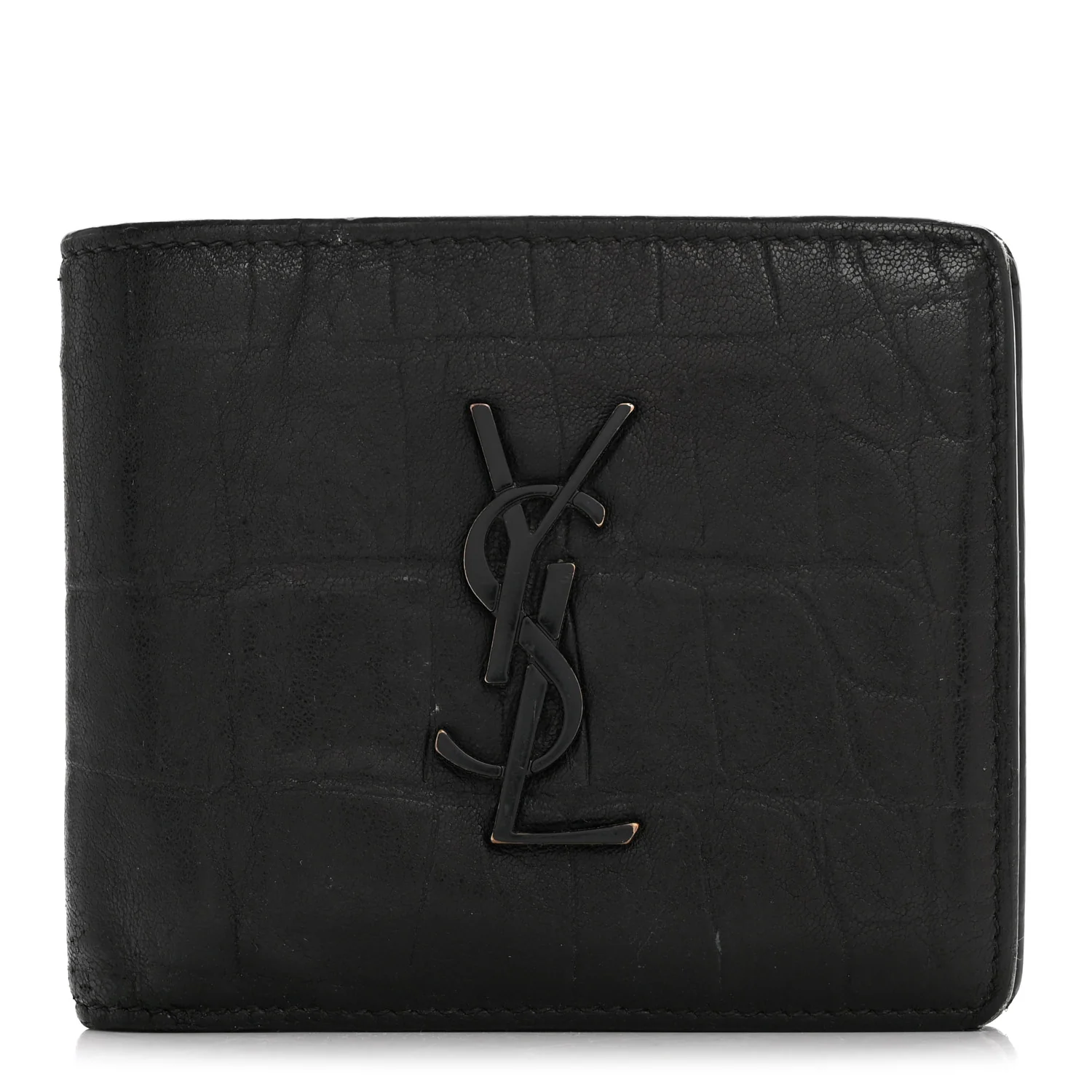 Calfskin Crocodile Embossed Monogram Bifold Wallet Black