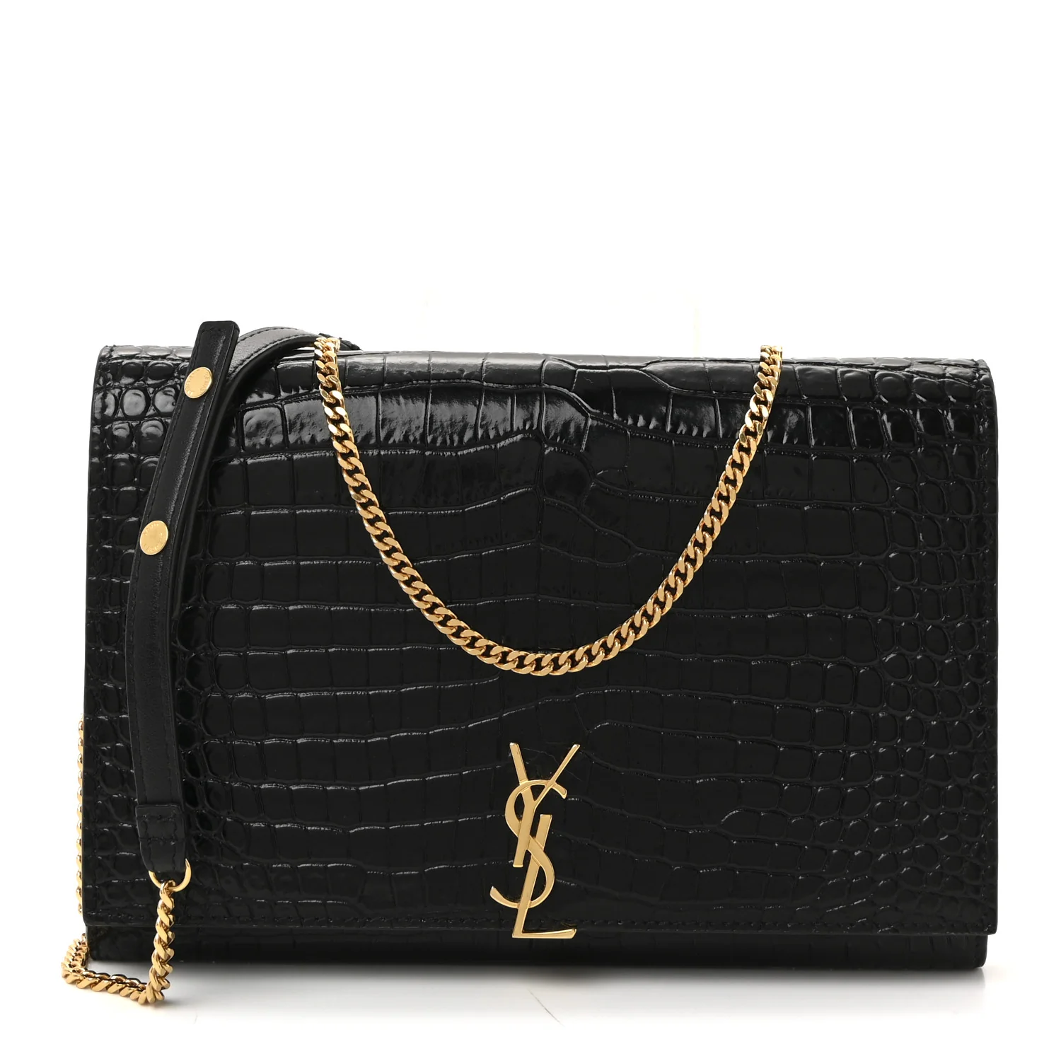 Calfskin Crocodile Embossed Monogram Chain Wallet Black