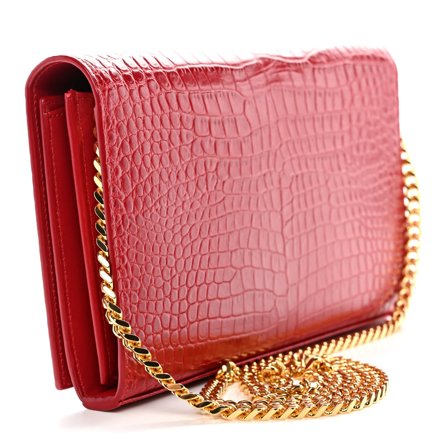 Calfskin Crocodile Embossed Monogram Chain Wallet New Lipstick Red - Image 2