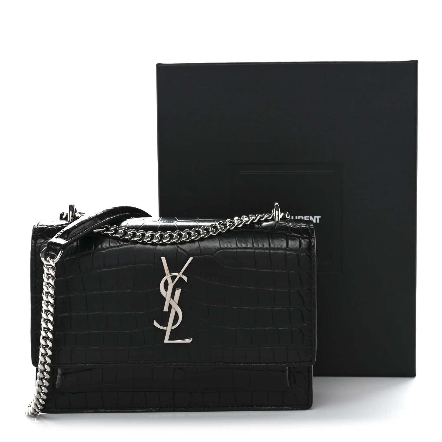 Calfskin Crocodile Embossed Monogram Sunset Chain Wallet Black - Image 10