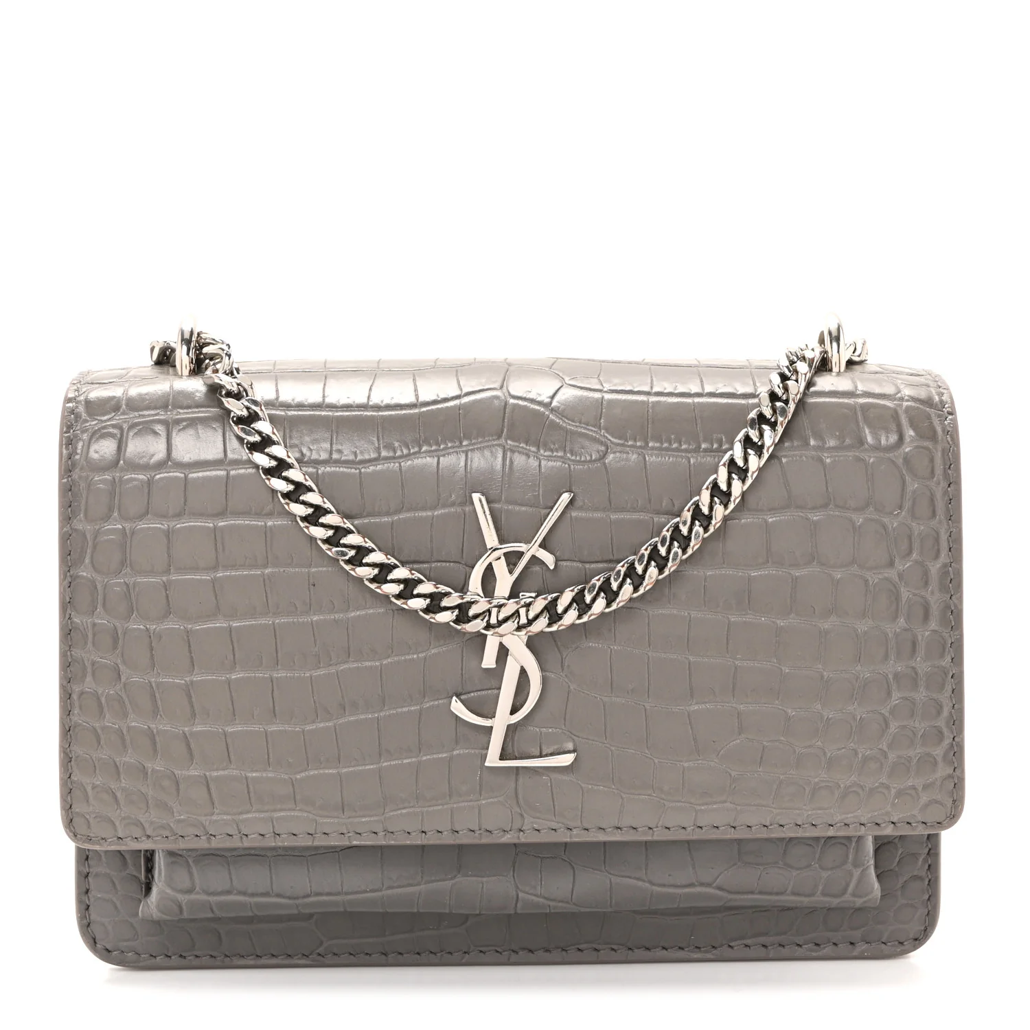 Calfskin Crocodile Embossed Monogram Sunset Chain Wallet Grey
