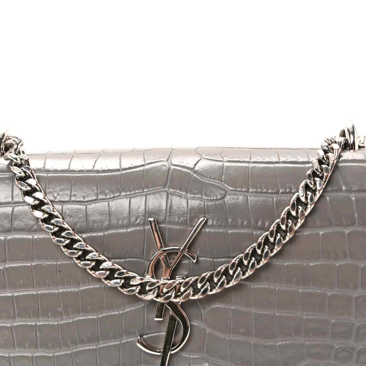 Calfskin Crocodile Embossed Monogram Sunset Chain Wallet Grey - Image 13