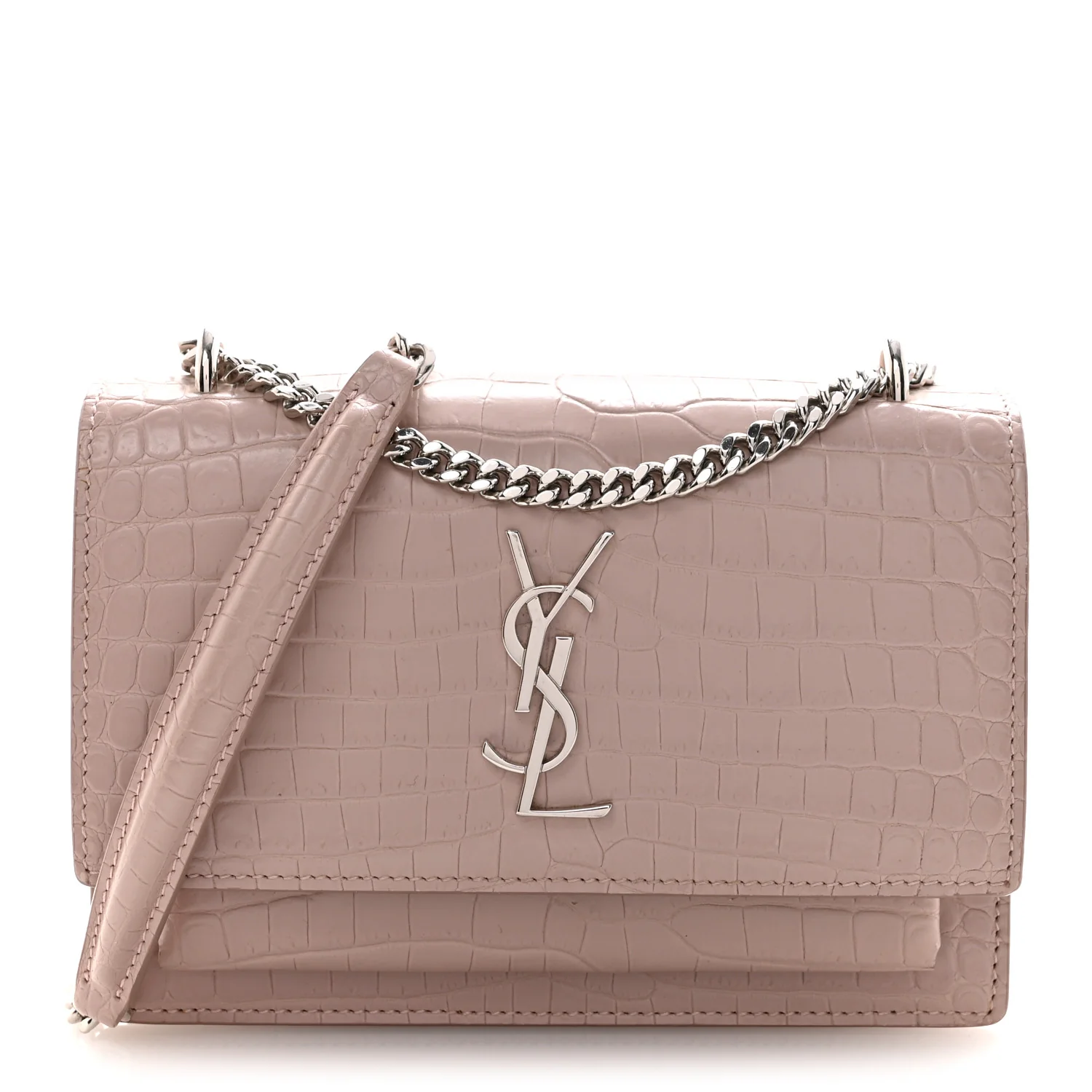 Calfskin Crocodile Embossed Monogram Sunset Chain Wallet Soft Nude