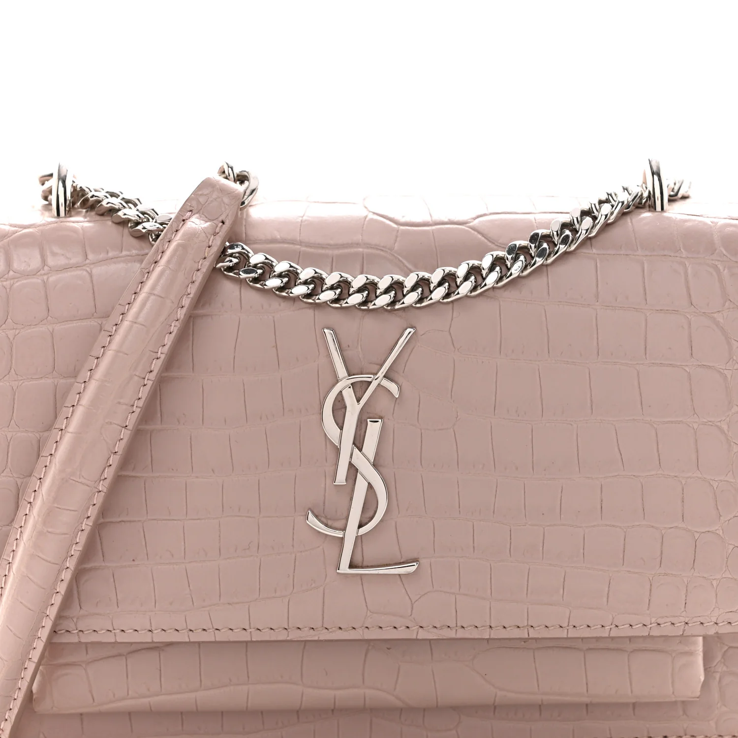 Calfskin Crocodile Embossed Monogram Sunset Chain Wallet Soft Nude - Image 8