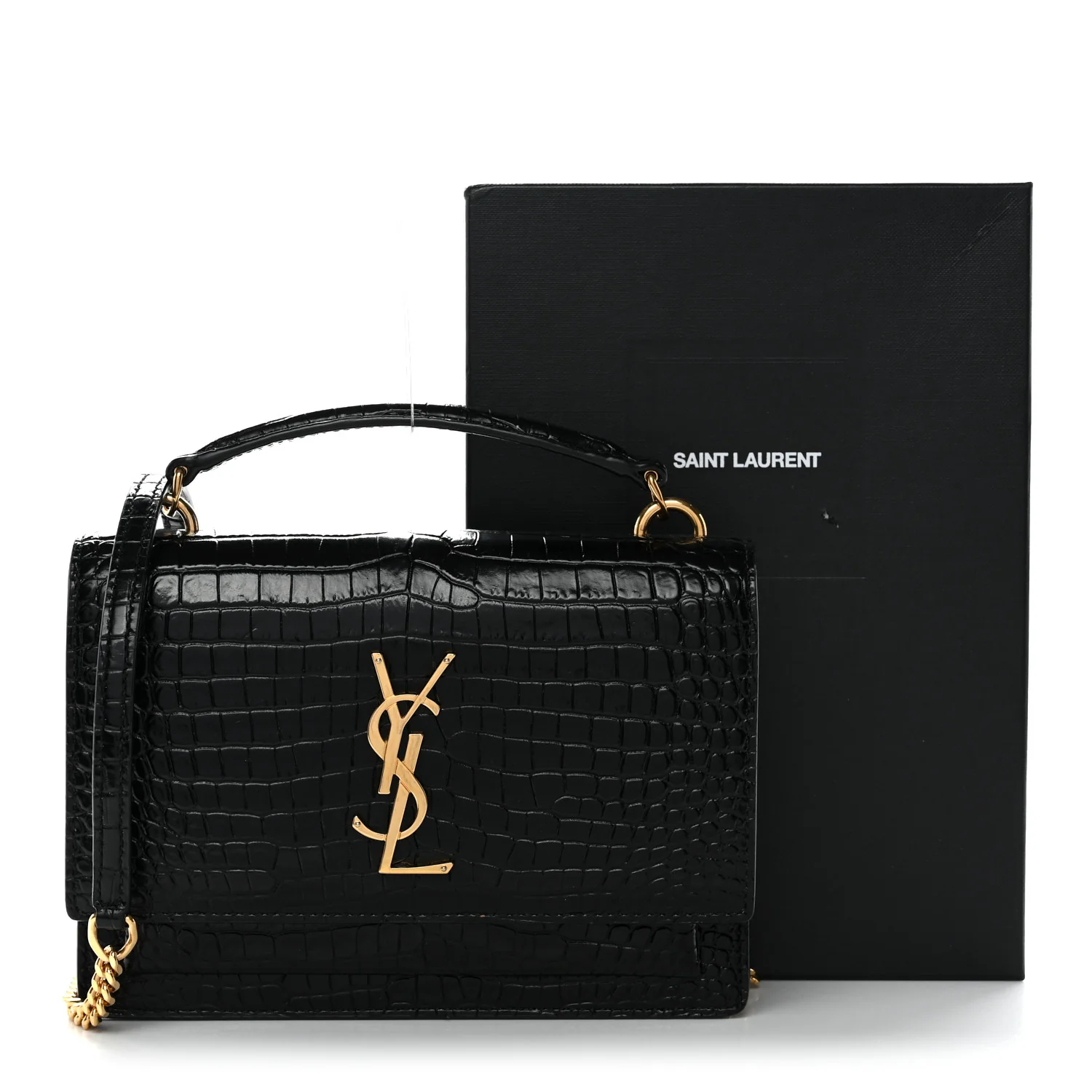 Calfskin Crocodile Embossed Monogram Sunset Top Handle Chain Wallet Black - Image 11