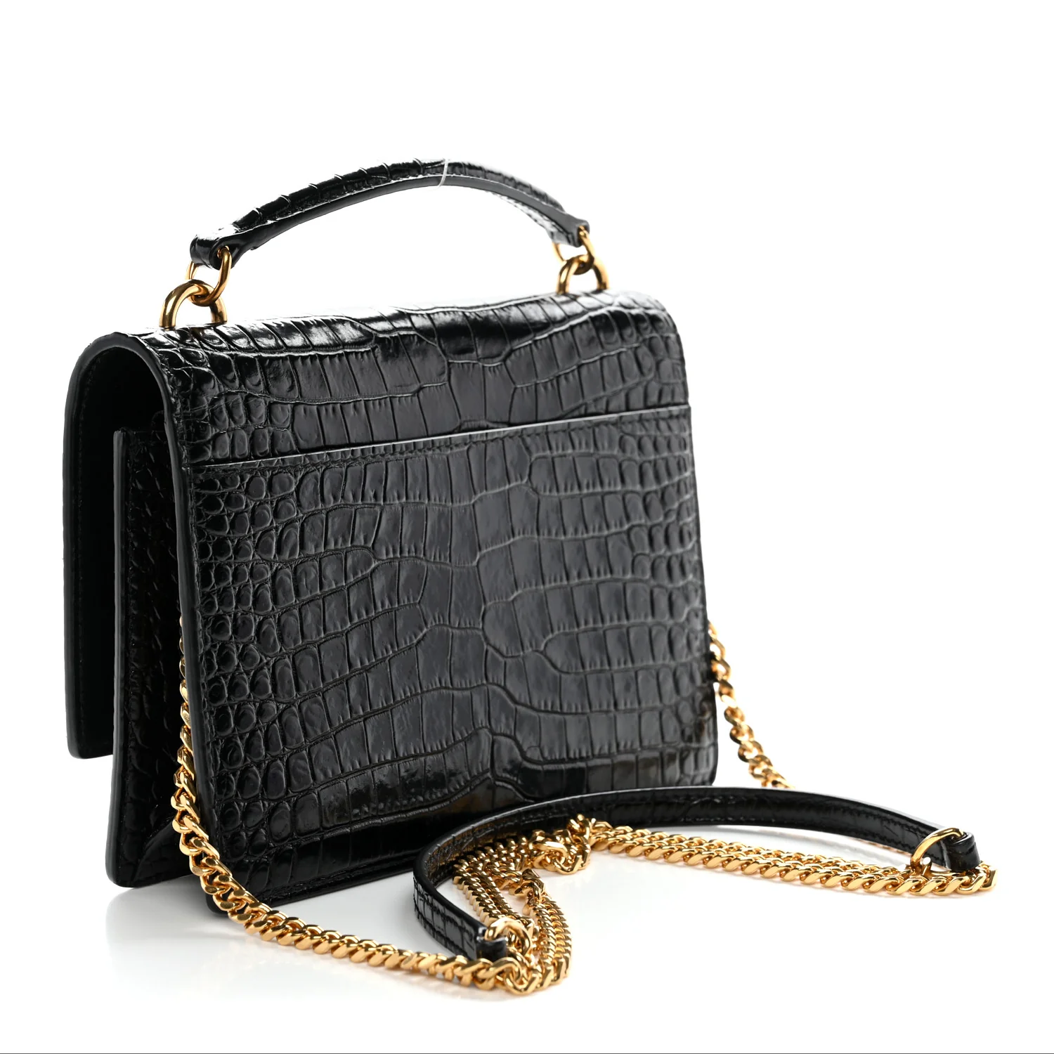 Calfskin Crocodile Embossed Monogram Sunset Top Handle Chain Wallet Black - Image 3
