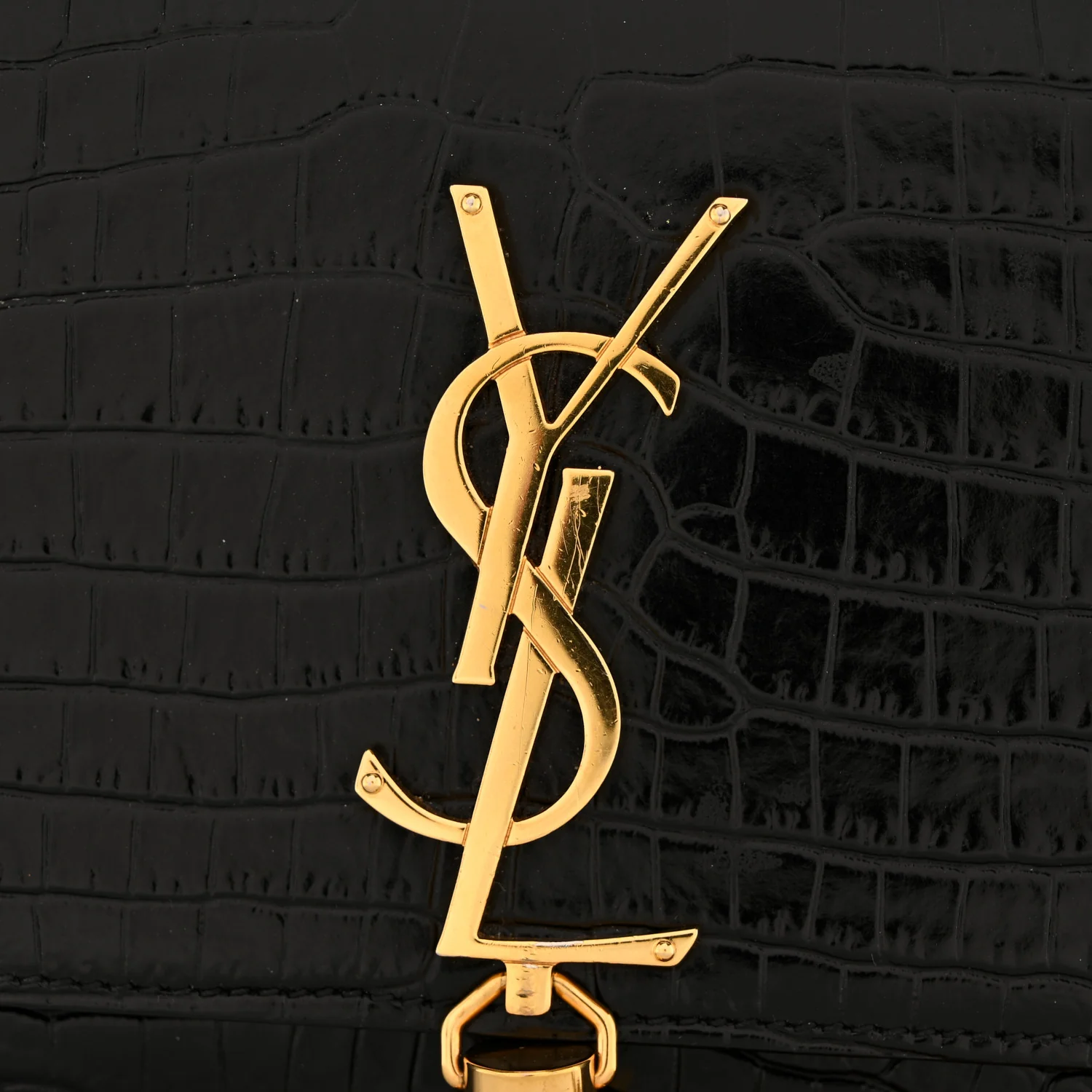 Calfskin Crocodile Embossed Small Classic Monogram Kate Tassel Satchel Black - Image 11