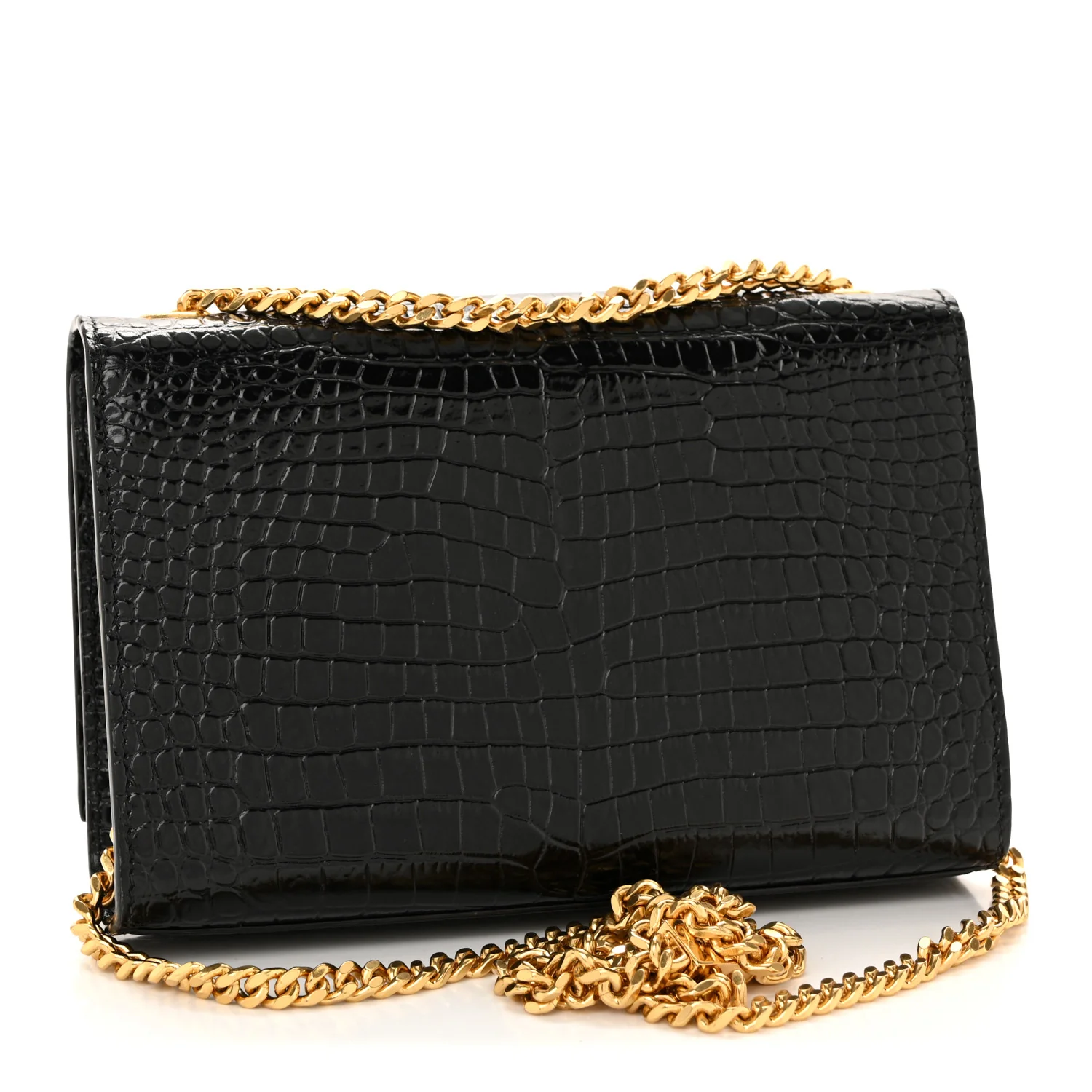 Calfskin Crocodile Embossed Small Classic Monogram Kate Tassel Satchel Black - Image 3