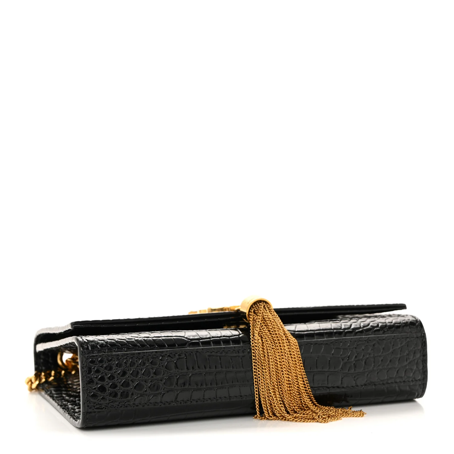 Calfskin Crocodile Embossed Small Classic Monogram Kate Tassel Satchel Black - Image 4