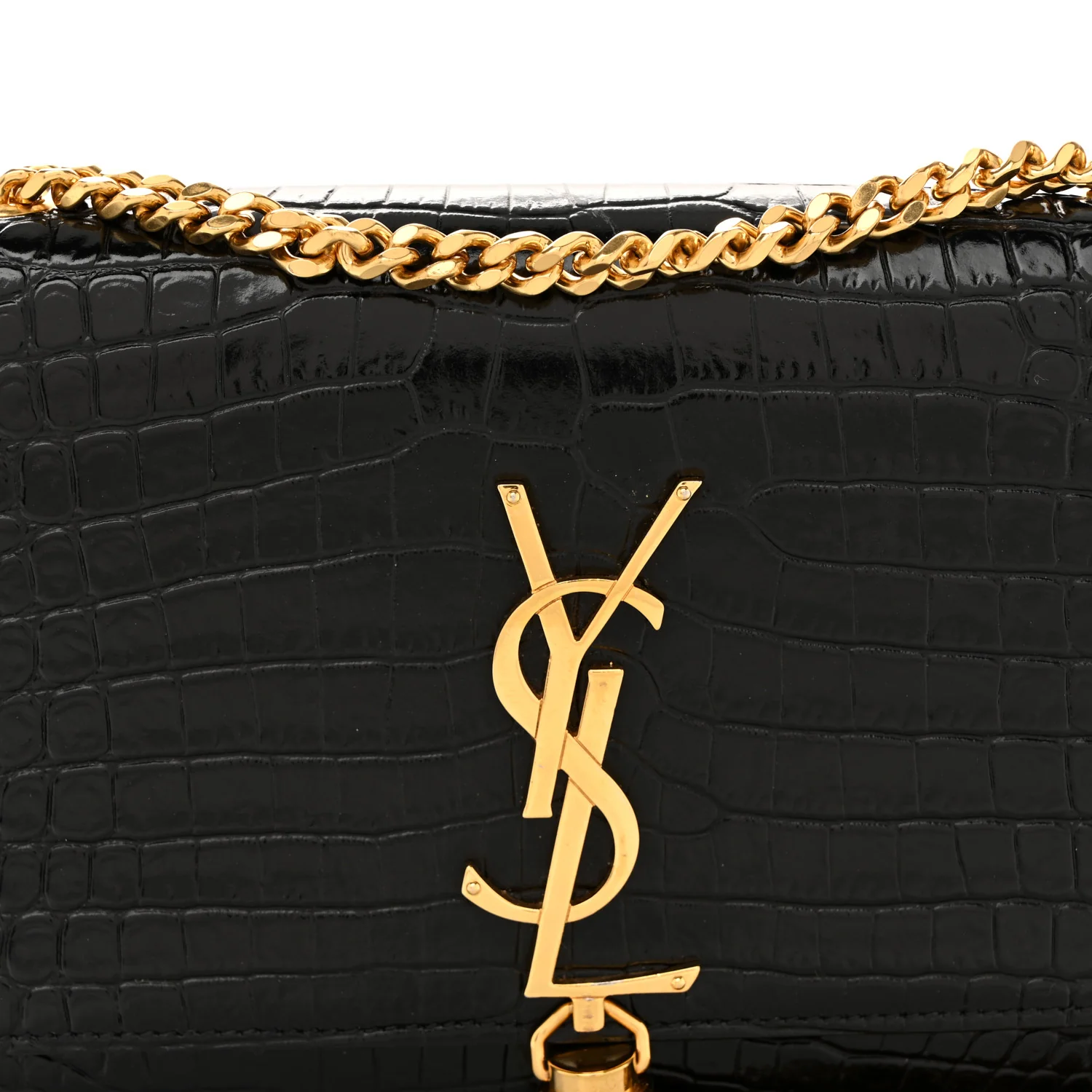 Calfskin Crocodile Embossed Small Classic Monogram Kate Tassel Satchel Black - Image 8